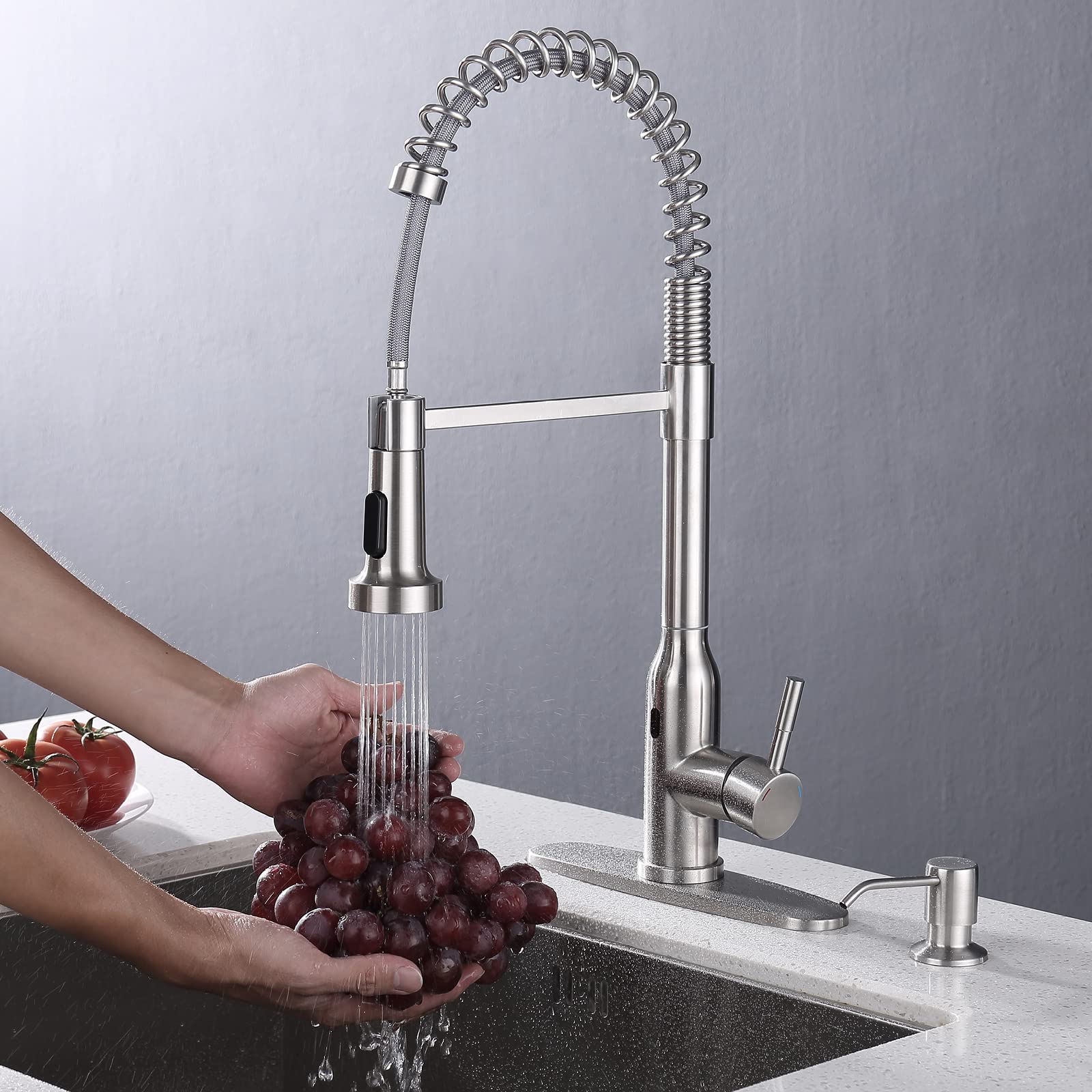 Touchless Kitchen Faucet,Keer Smart Motion Sensor Hands Free Single Handle Spring Kitchen Sink Faucet With Pull Down Sprayer,Bru