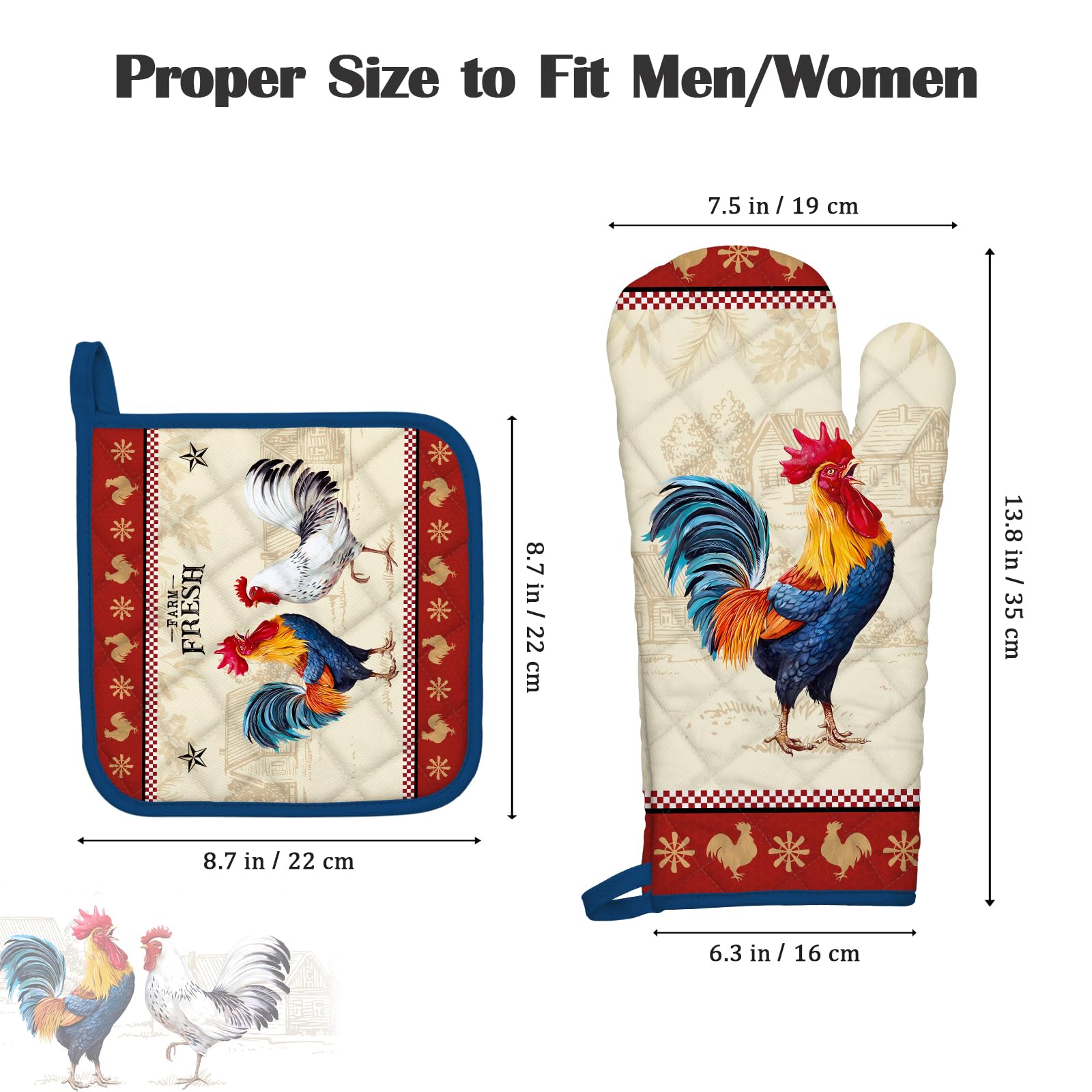 Arquiel Rooster Oven Mitts And Pot Holders Sets 100% Cotton Heat Resistant, Extra Long Oven Gloves Potholder For Kitchen Cooking