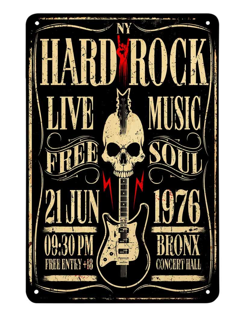 Aoyego Hard Rock Poster Tin Sign,Rock Roll Music With Skull Guitar Vintage Metal Tin Signs For Cafes Bars Pubs Shop Wall Decorat