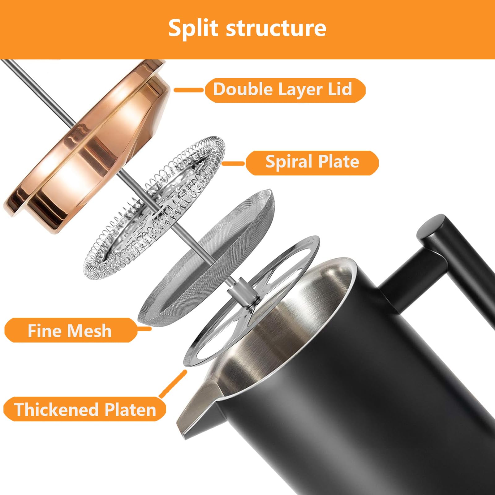 Meelio Small French Press 350Ml Coffee Maker, Black Double-Wall Insulated French Press Coffee Press Stainless Steel, Included 2
