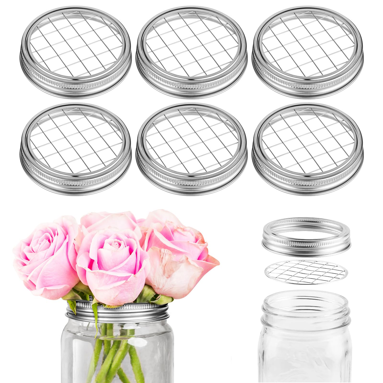 Cosmos 6 Sets Mason Flower Jar Frog Lid Flower Insert Lid Organizer Canning Jars Flower Arrangement Holder with Metal Grid Flowe