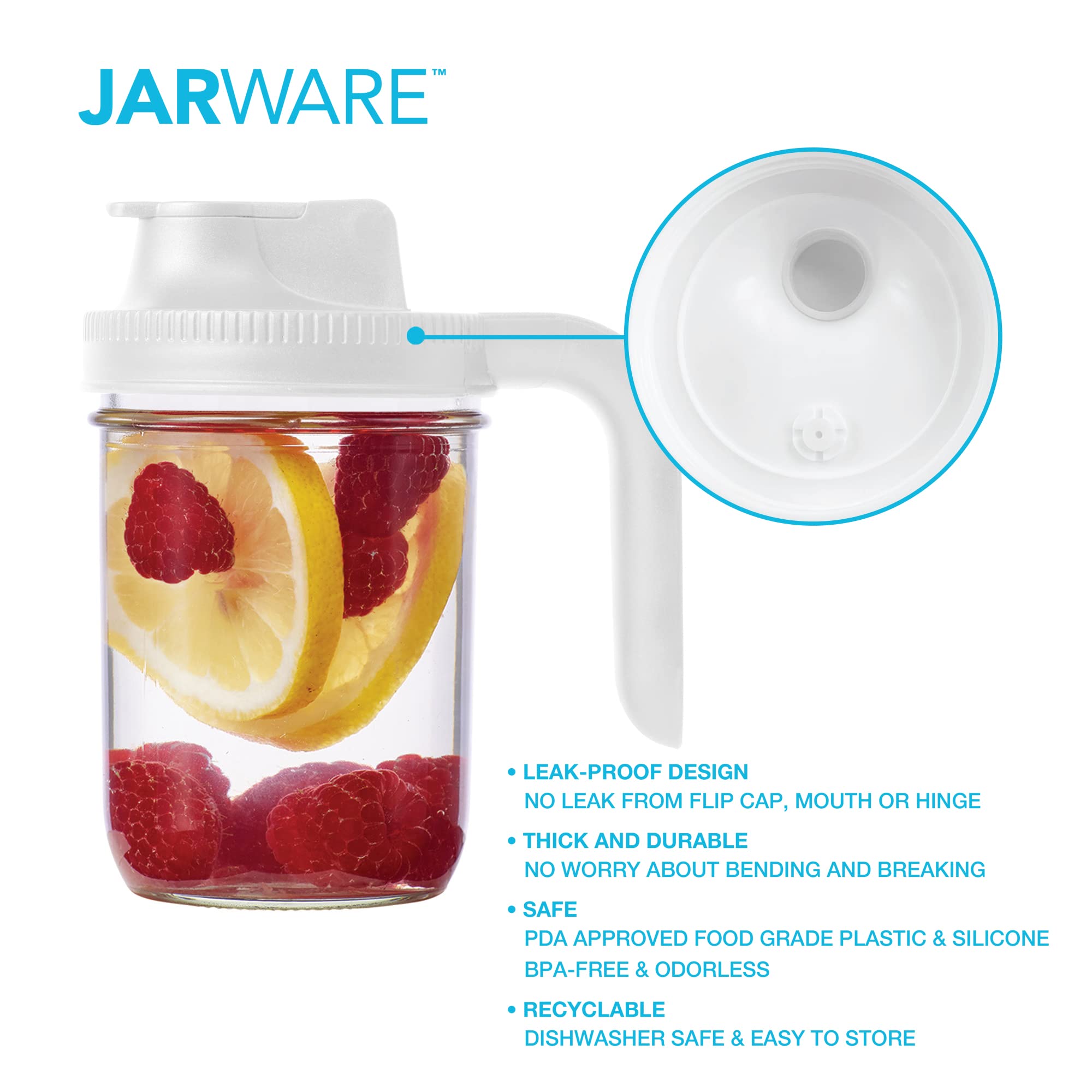 Jarware 82689 White Spout Mason Jar Lid With And Without Handle, Wide Mouth, Set Of 2