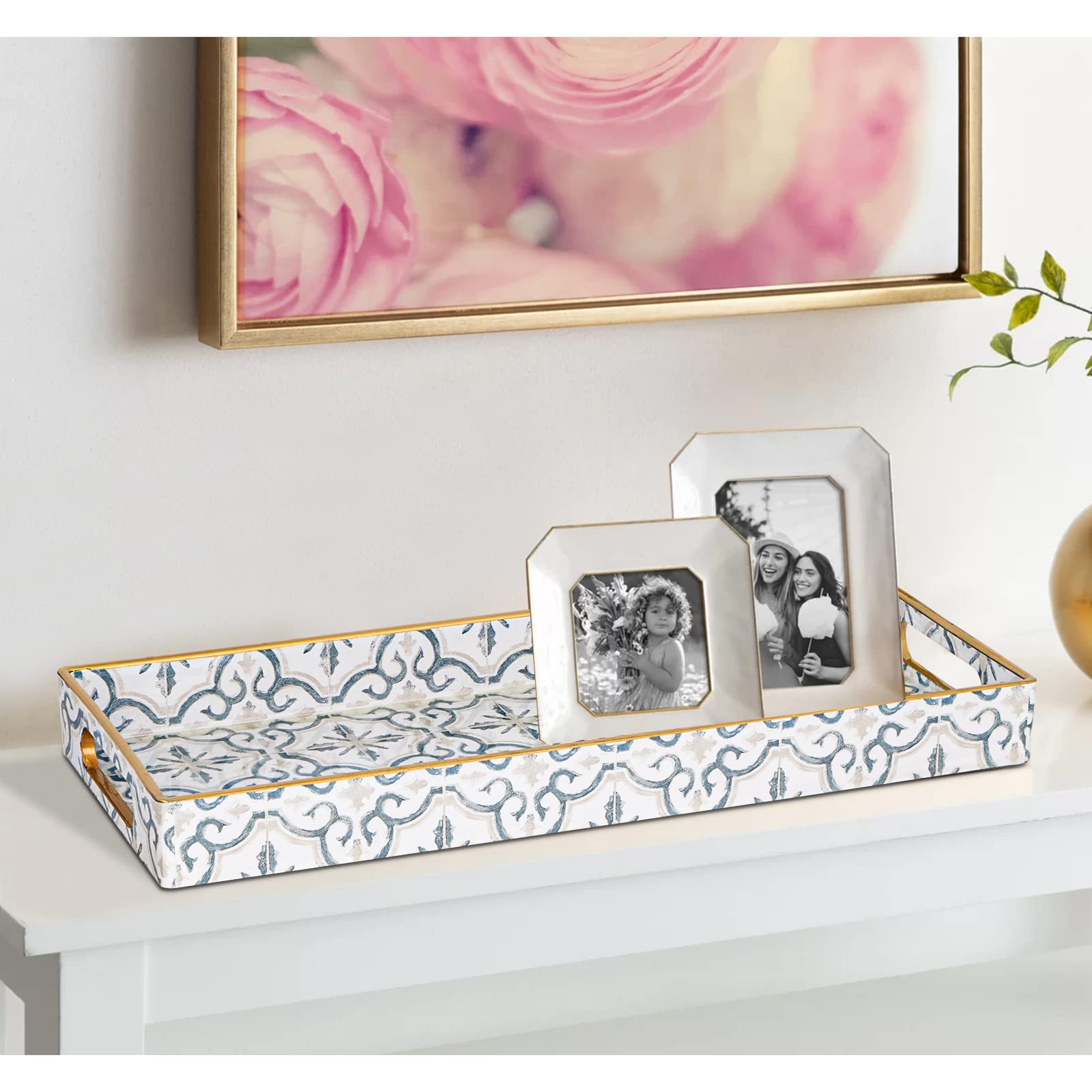 Maoname White Decorative Tray, Plastic Vanity Tray With Handles, Rectangular Moroccan Tray, Long Narrow Tray For Bathroom, Toile