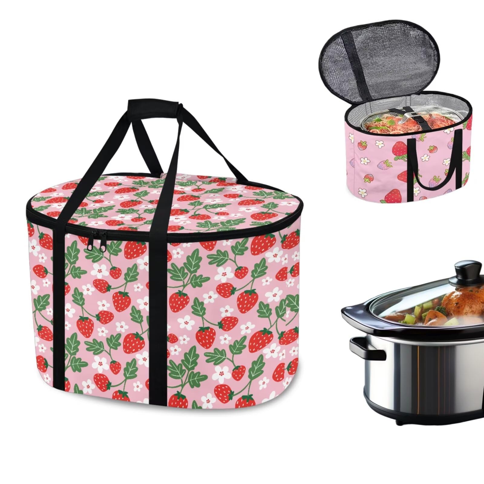 ZUXONGSY Pink Strawberry Slow Cooker Carrying Bag Reusable Slow Cooker Portable Tote Bag for 4,5,6,7,8 Quart,Easy To Transport R