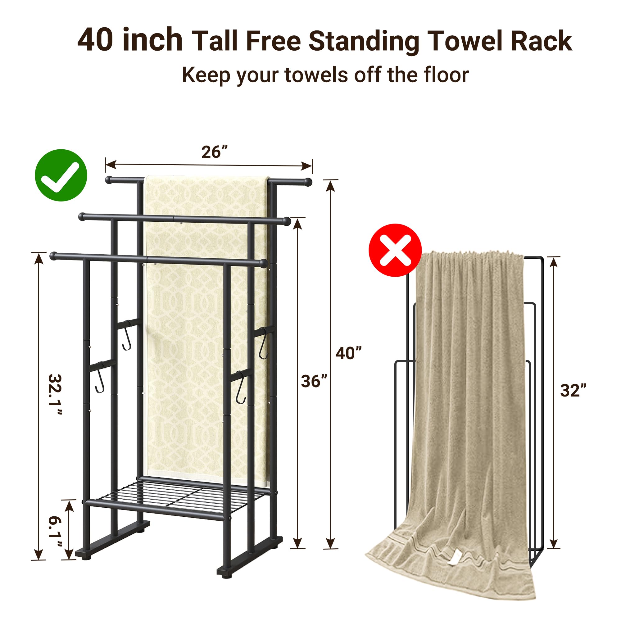 Elyken 3 Tier Standing Towel Rack, 40'' Tall Towel Drying Rack Outdoor, Freestanding Floor Towel Rack With Shelf, Pool Towel Bla