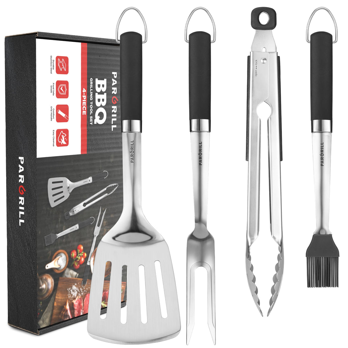 Pargrill Grill Accessories Heavy Duty Bbq Set Gifts For Men/Women - Premium Stainless Steel Spatula, Fork, Brush & Tongs, Barbec