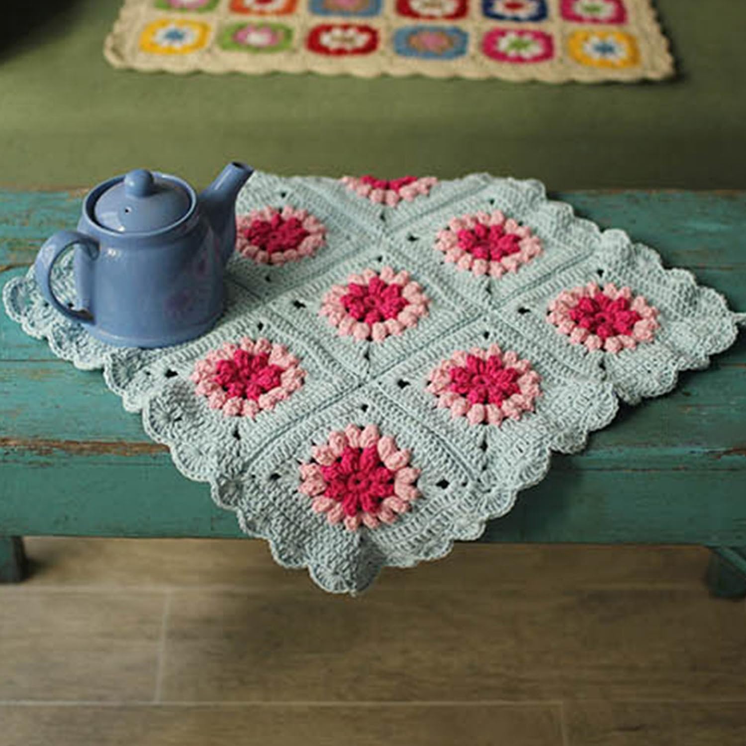 KAAHIRA Handmade Crochet Table Runner, Cotton Floral Granny Square Design, Cotton Center Table Cover for Dining Table Living Roo
