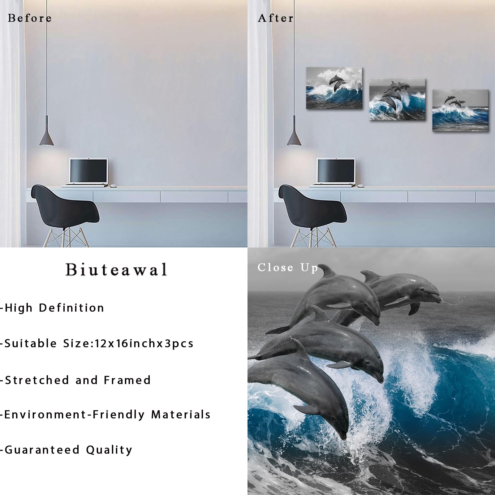 Biuteawal 3 Piece Dolphin Wall Art Grey Blue Ocean Sea Animal Picture Bathroom Decor Marine Painting Prints on Canvas Framed Home Child Bedroom Bathroom Wall Decoration Ready to Hang