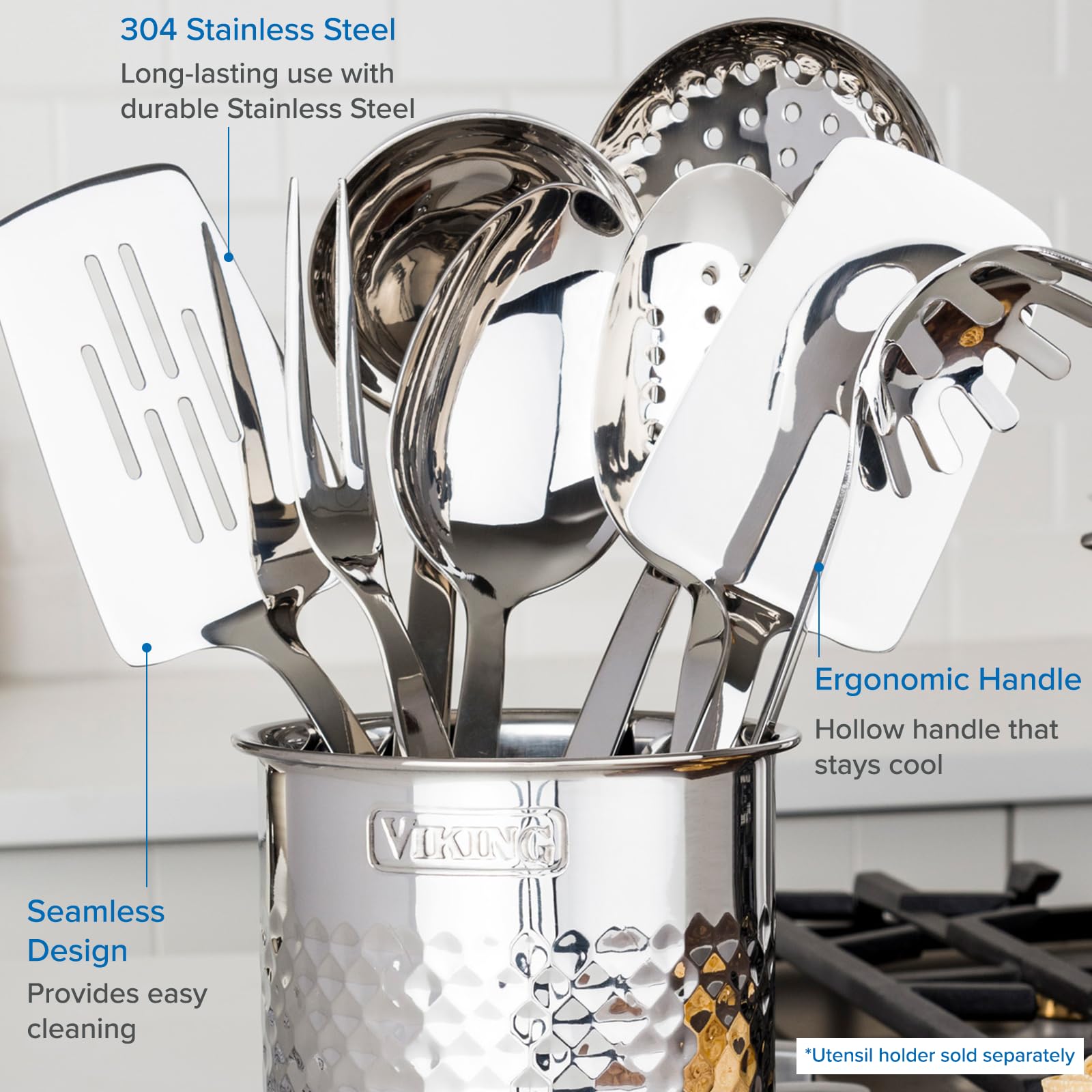 Viking Culinary 304 Stainless Steel Kitchen Utensil Set, Ergonomic Stay-Cool Handles, Dishwasher Safe, Silver, 8 Piece
