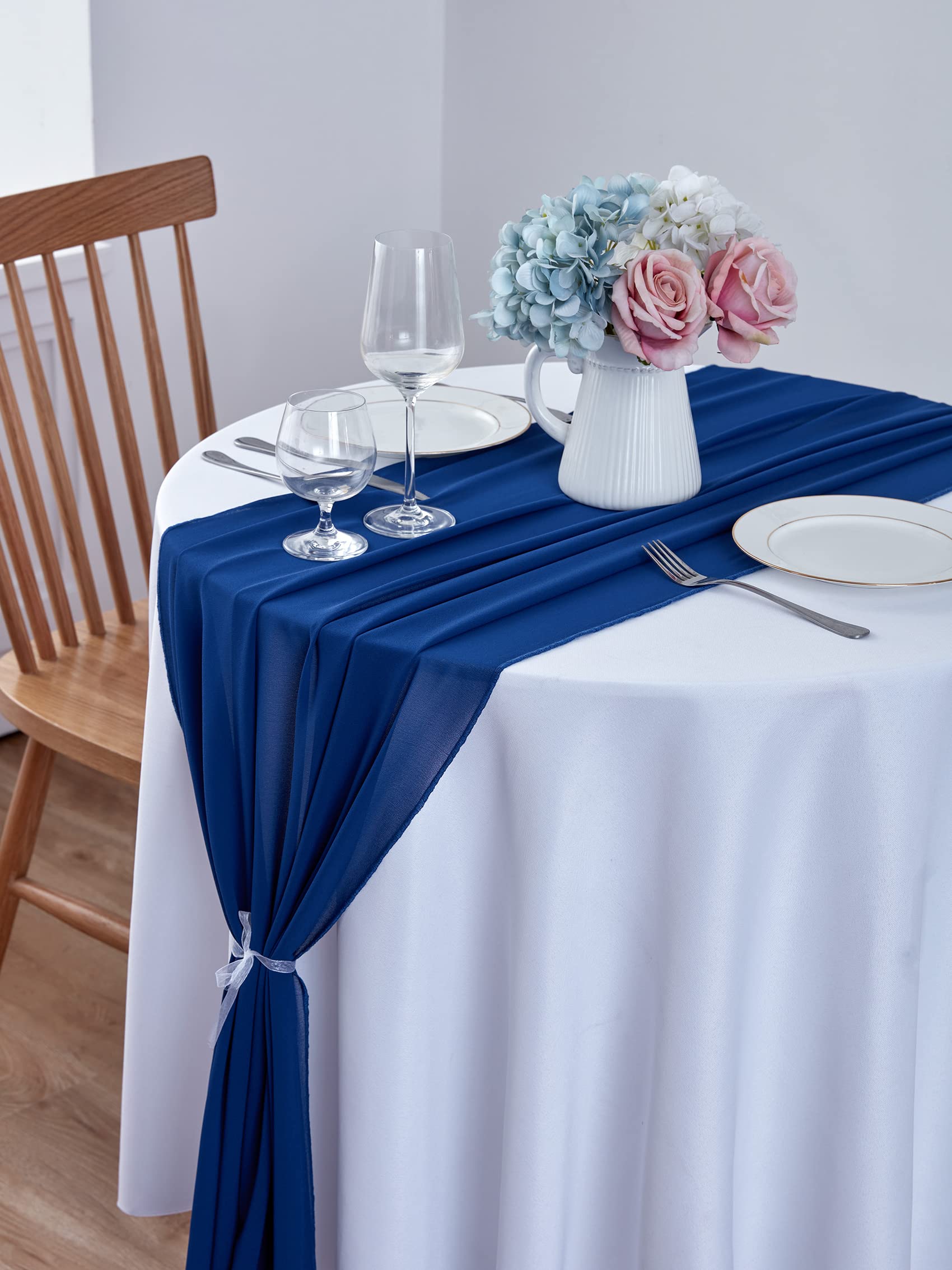 Beddeb 29X120 Inches 10 Pack Navy Blue Chiffon Table Runner 10Ft Sheer Wedding Table Runner Romantic Tulle Table Runner For Wedd
