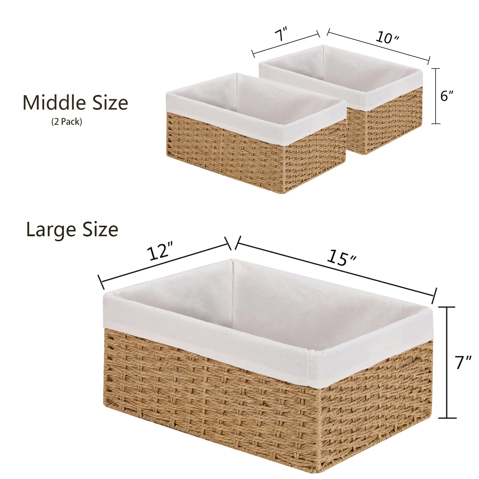 Vagusicc Wicker Storage Basket, 3-Pack Woven Paper Rope Wicker Baskets With Handles, Large Wicker Basket Cube Storage Bins With