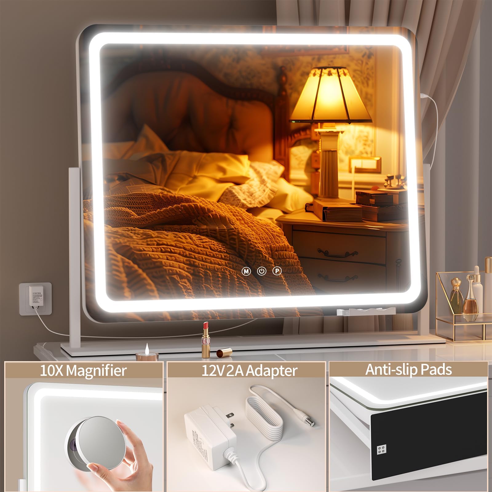 Hasipu Vanity Mirror With Lights, 23.6'' X 19.7'' Led Makeup Mirror, Light Up Mirror With 10X Magnification And Phone Holder, Us