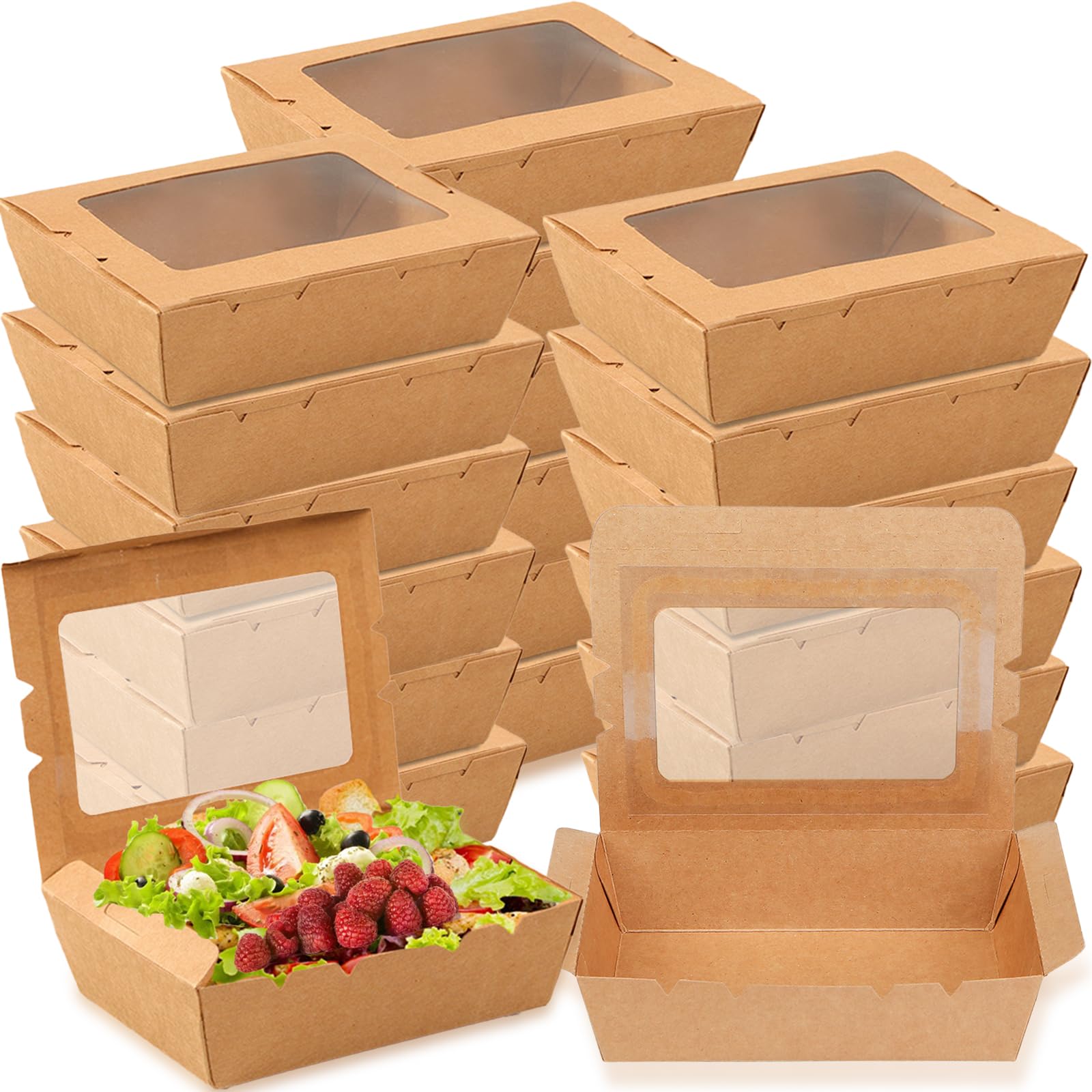 Nexboraque 50 Pack Take Out Food Containers with Window, 40 oz Kraft Paper Food to Go Box Disposable Cardboard Meal Prep Boxes f