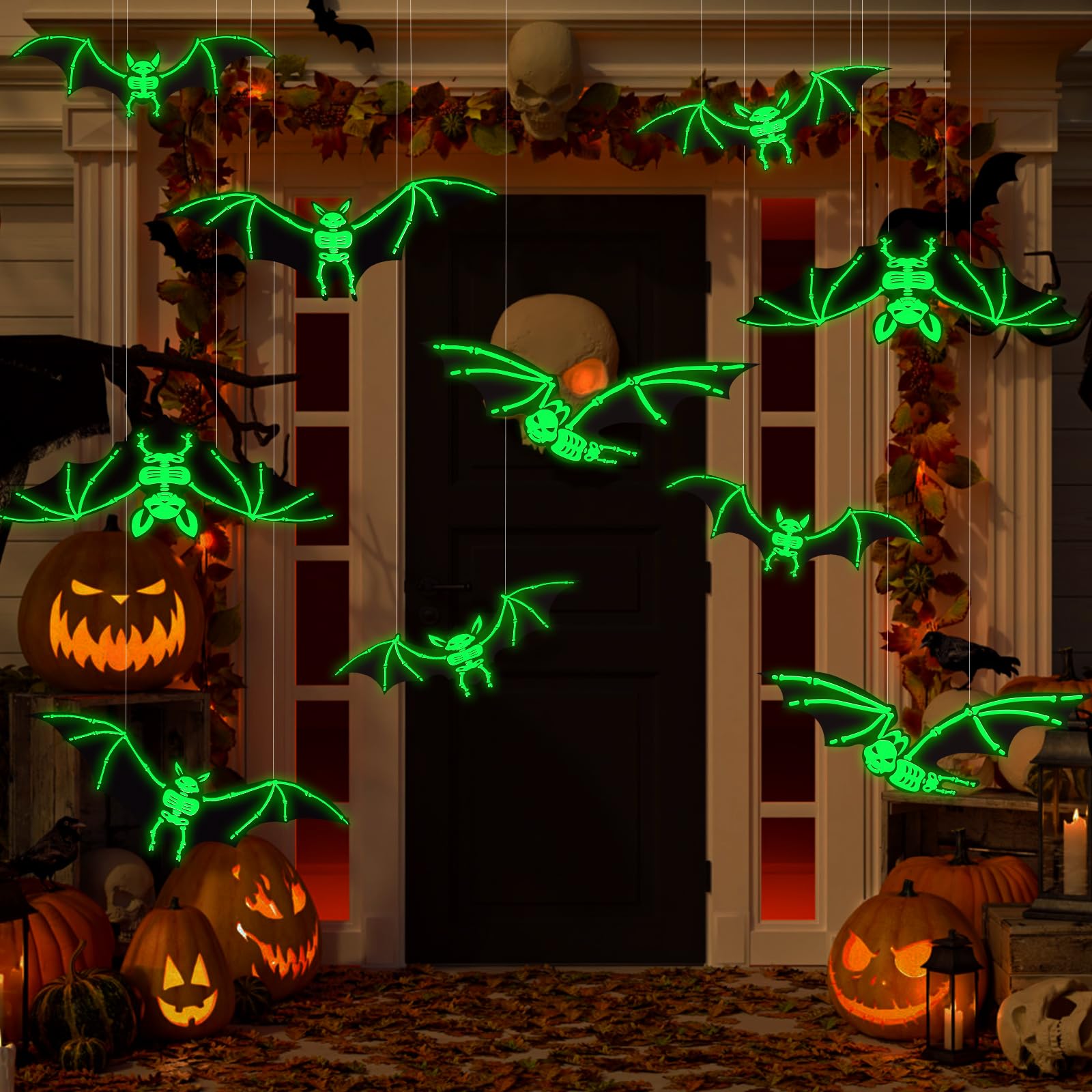 Vellibring 12PCS Halloween Hanging Bats Decorations, Large Plastic Flying Bats with Realistic Scary Glowing Skeleton Bats for Ha