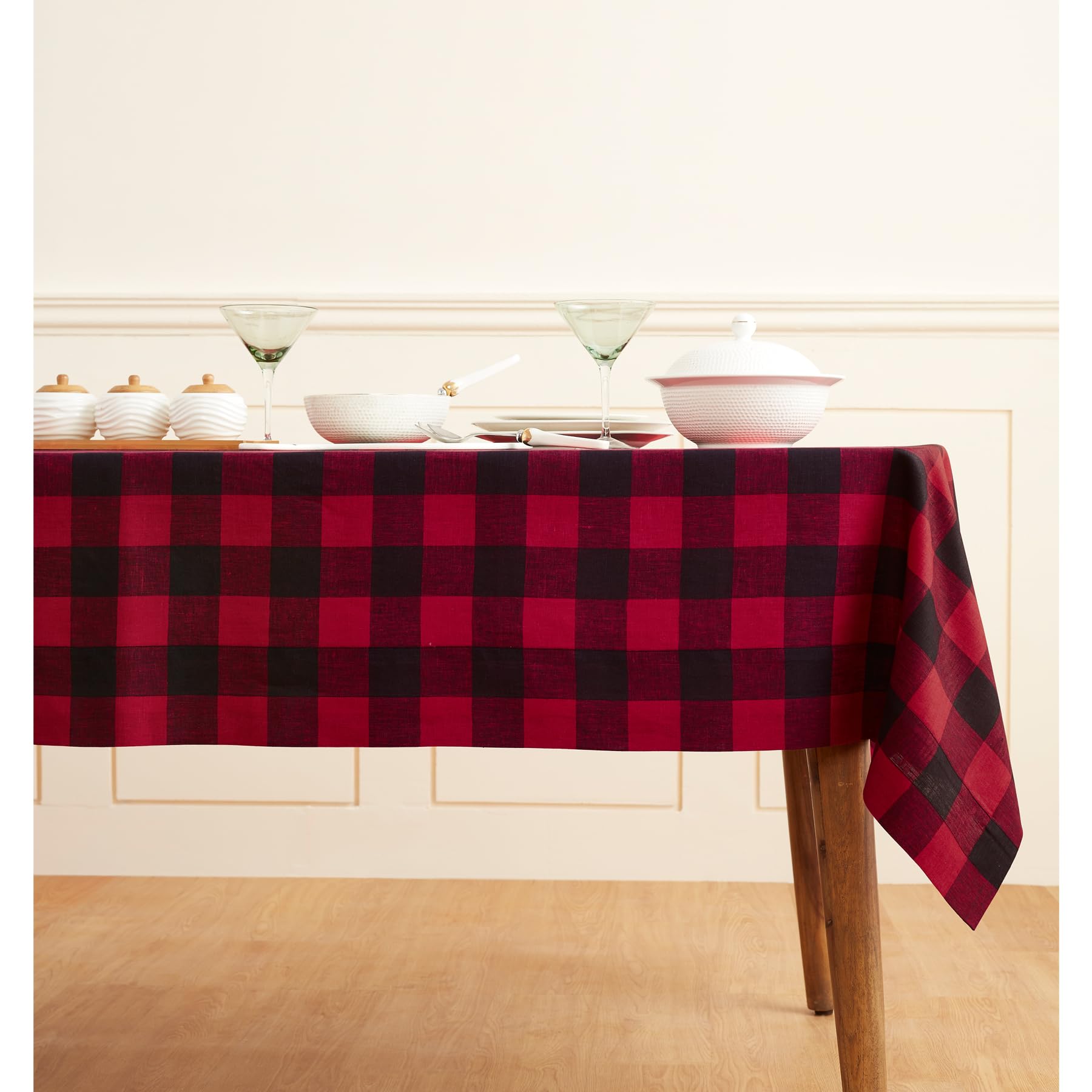 Solino Home Buffalo Check Linen Tablecloth 90'' L X 60'' W Inch - 100% Pure Linen Red And Black Table Cloth For Rectangle Tables