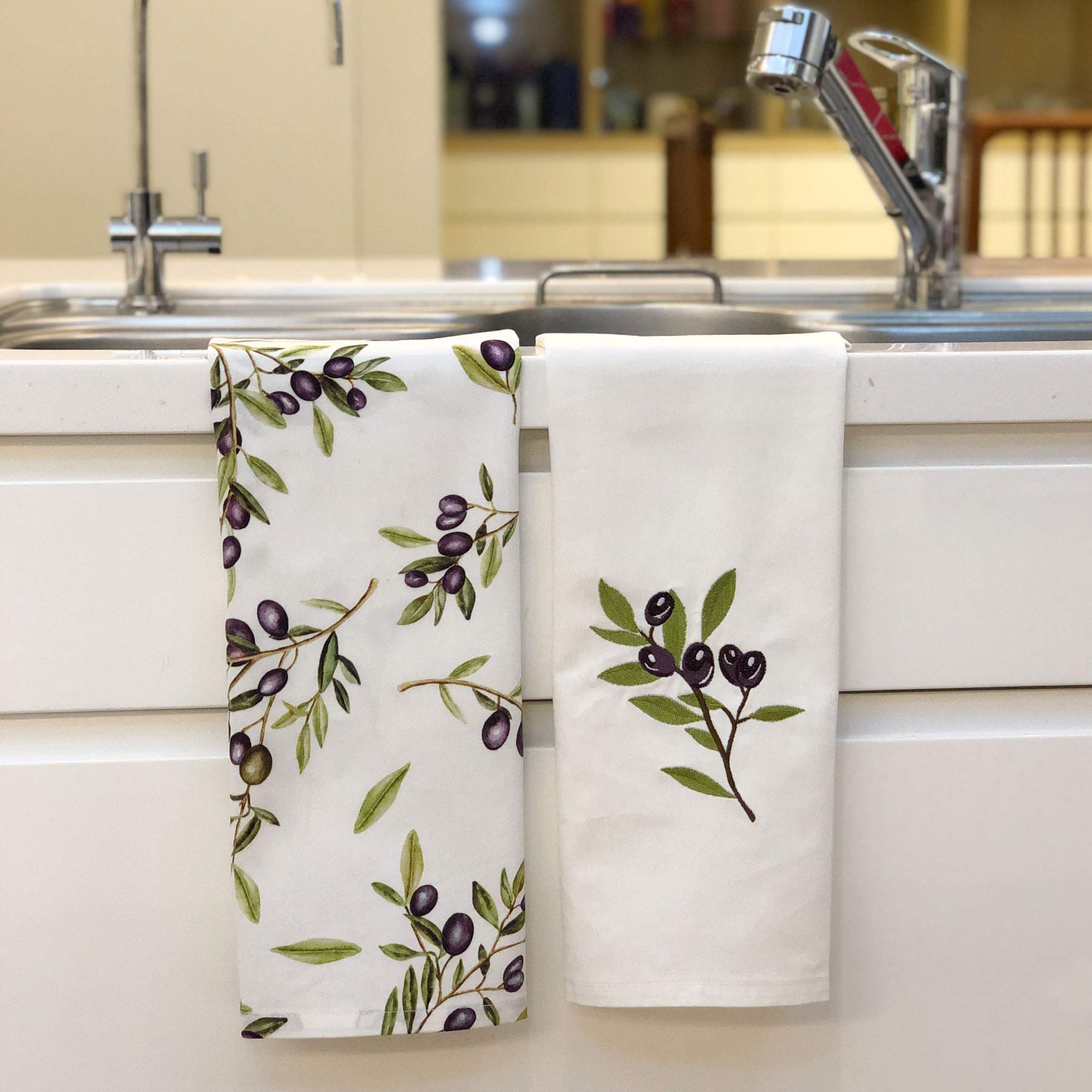 Cait Chapman Home Collection Olive Leaves And Branches Tea Towel Set Of One Printed And One Embroidered Towels 18''X28'', Pack O