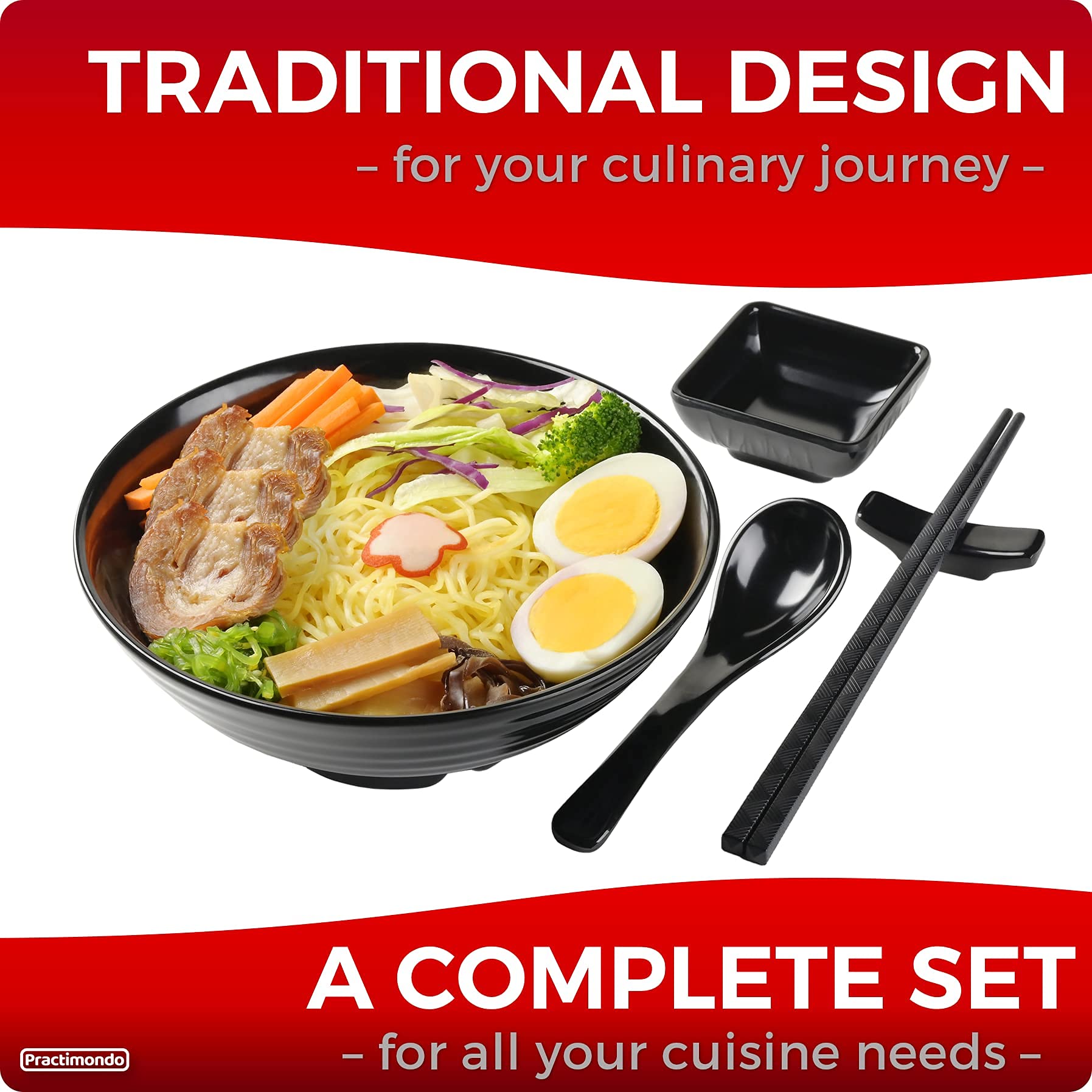 Practimondo 4 Noodle Bowls Set - Large 32Oz Ramen Bowl Set For Authentic Asian Cuisine - With Dipping Bowls, Spoons, Chopsticks
