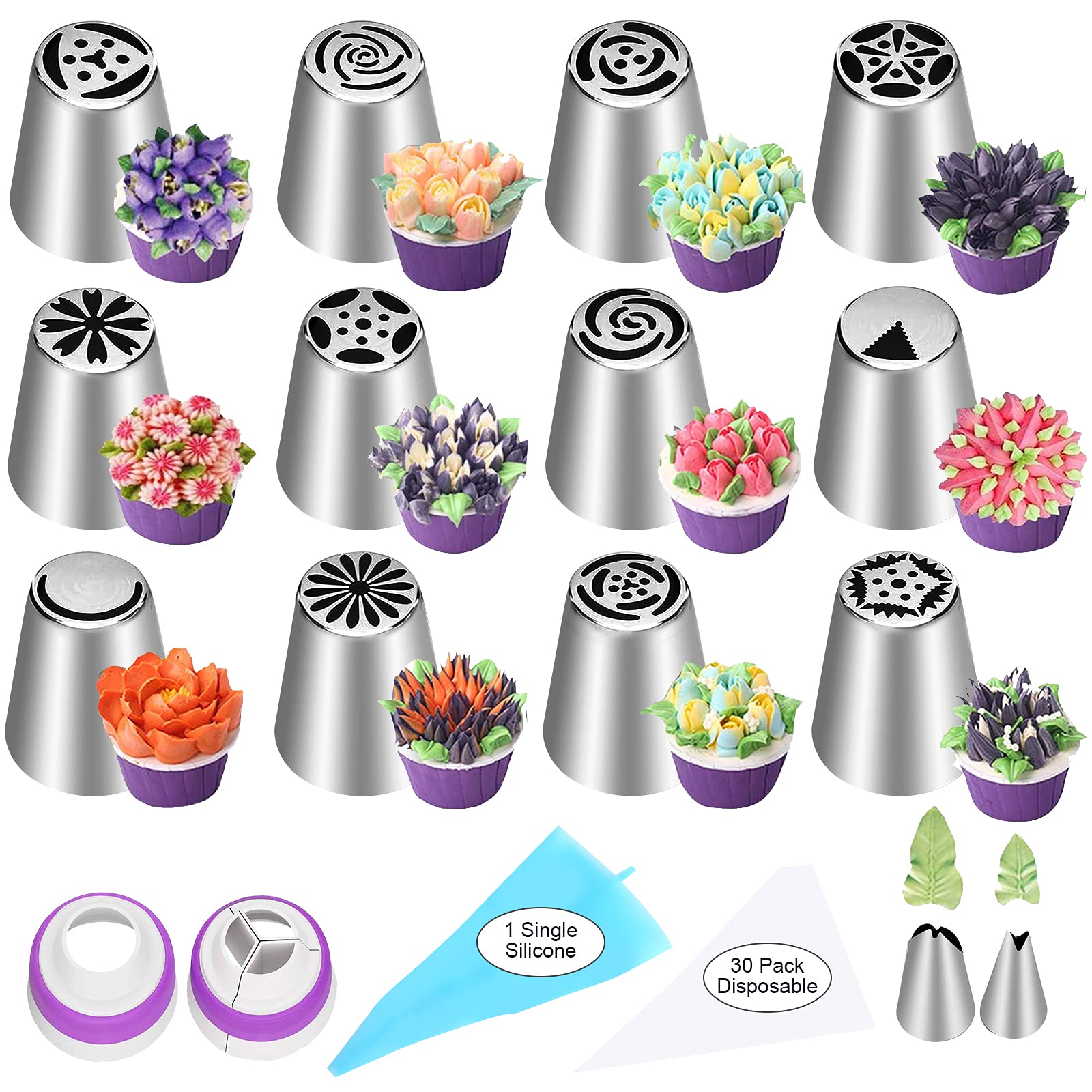 47 Pcs Russian Piping Tips Set, 12 Flower Frosting Nozzles Icing Tips For Cake Decorating Tips Kit, Baking Supplies For Cookie C