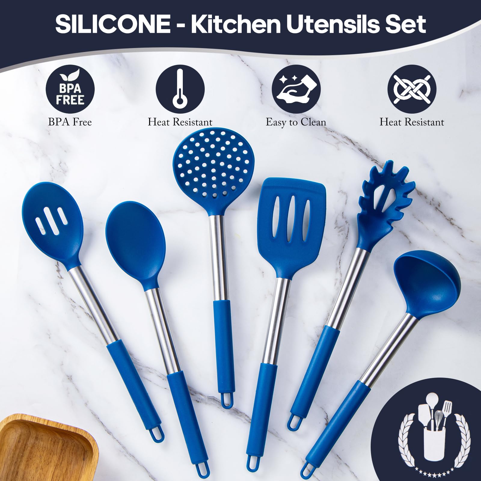 Silicone Kitchen Utensils Set - Culinary Couture 6-Pieces Blue Silicone Cooking Utensils Set For Nonstick Cookware - Stainless S