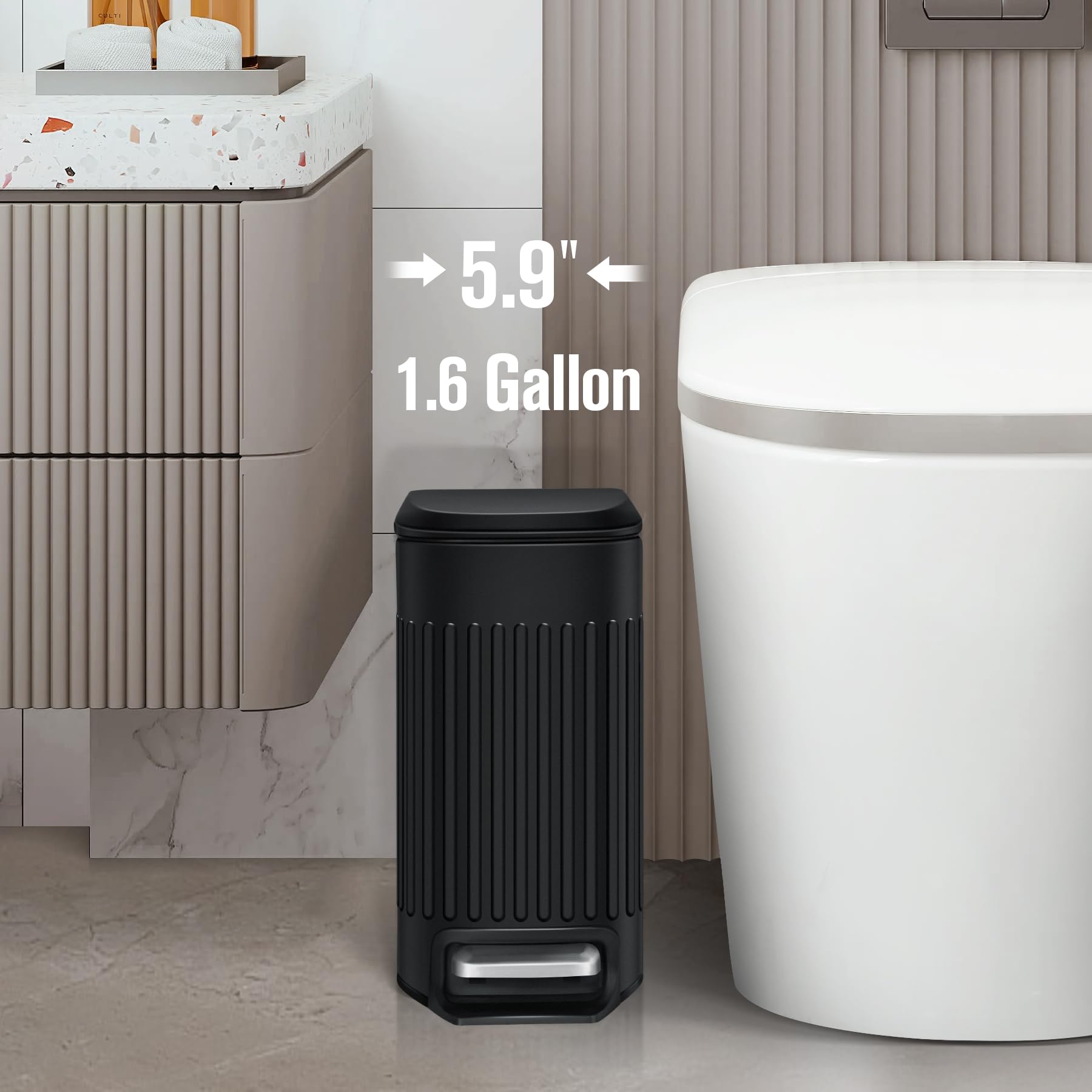 Cesun Small Black Bathroom Trash Can, 1.6 Gallon Small Stainless Steel Garbage Can With Lid And Foot Pedal, Slim Waste Basket Fo