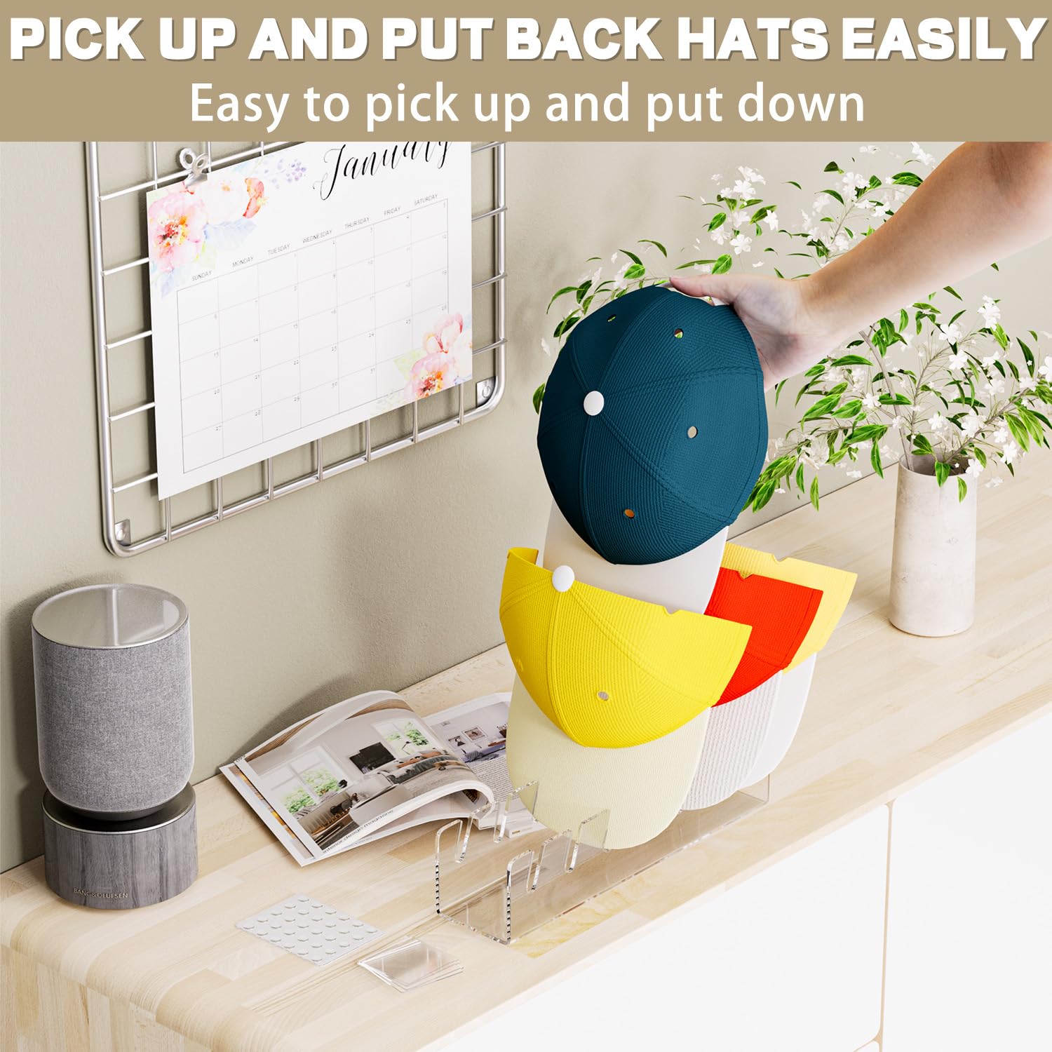 Actbio 4 Pcs Hat Stand For Baseball Caps, No Install Acrylic Hat Organizer For 28 Baseball Caps, Hat Holder Hat Storage Hat Disp