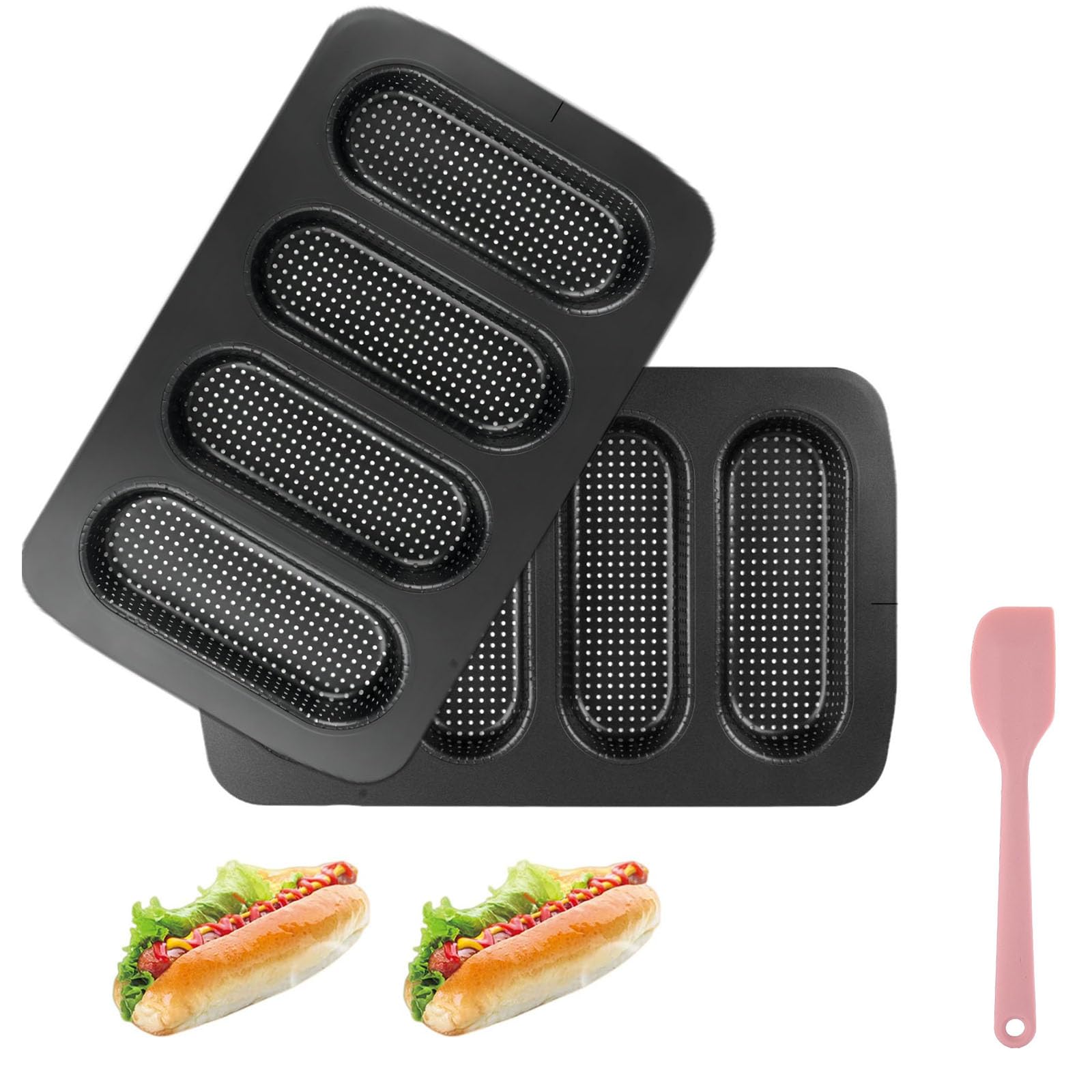 HOMOMSAE Hot Dog Bun Pan, 2 Pack Perforated Carbon Steel Bread Loaf Pan, Nonstick & Heat Resistant Bread Forms Mini Baguette Bak