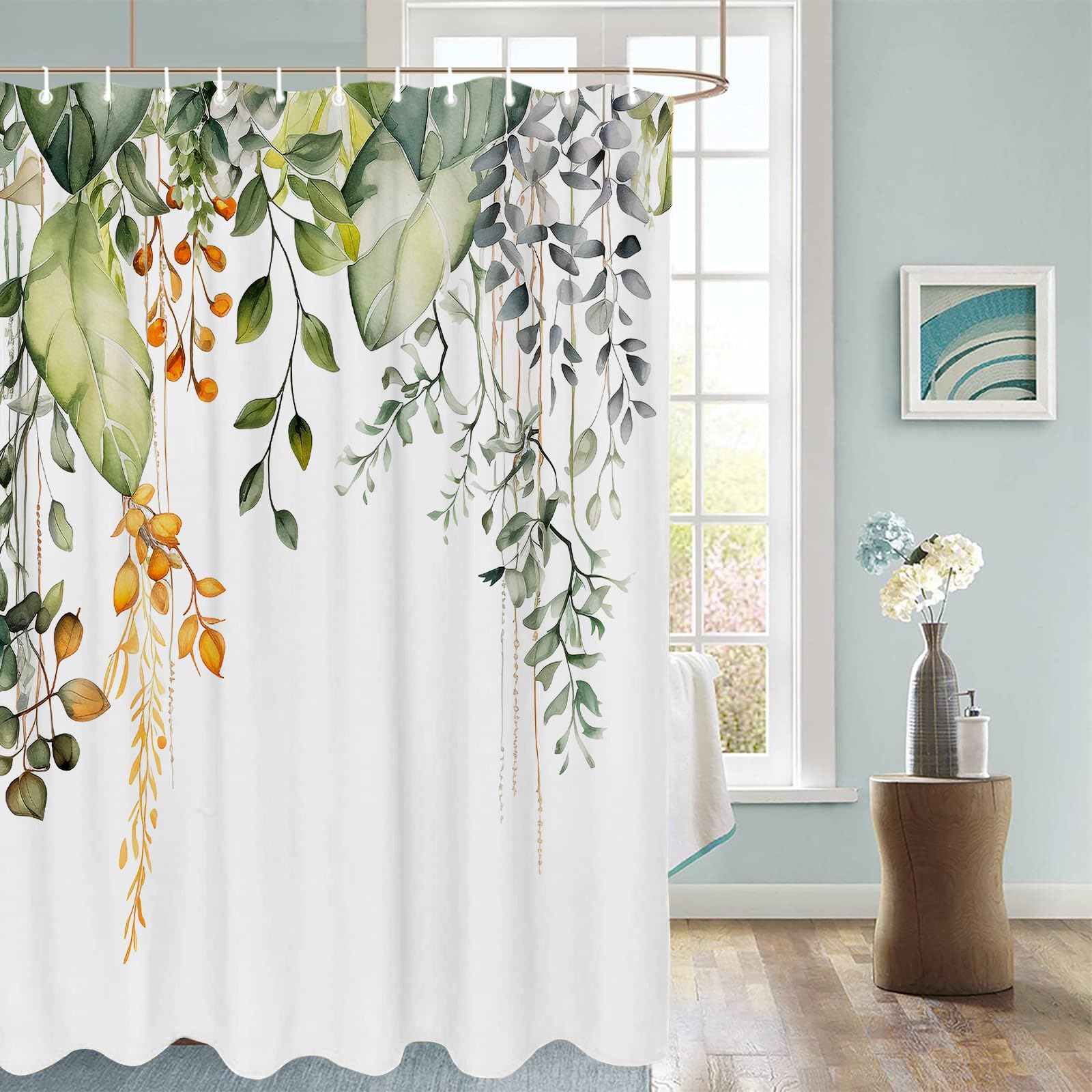 Hellmei Green Eucalyptus Shower Curtains For Bathroom Watercolor Natural Plant Flower Leaves Shower Curtain Waterproof Fabric Ba