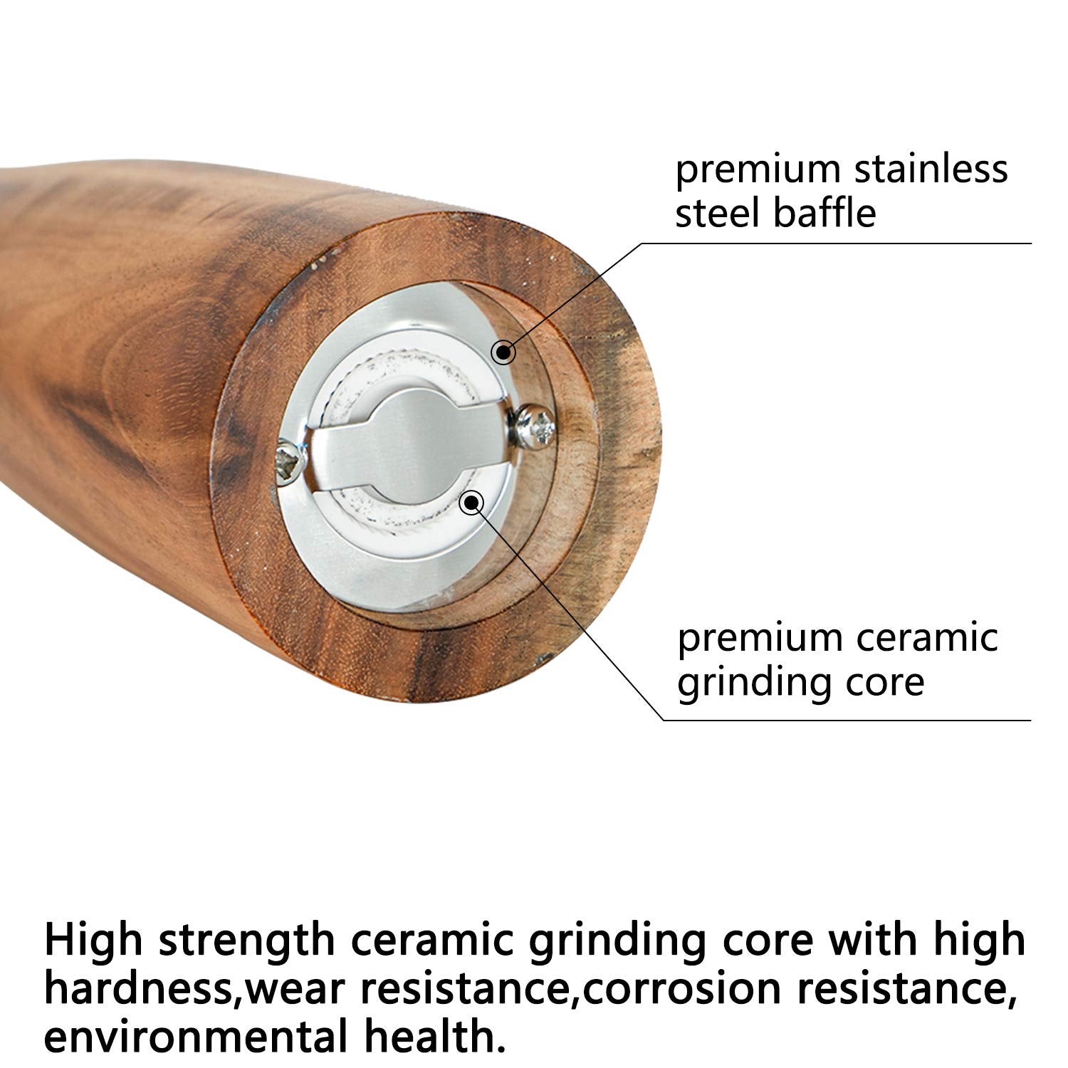 UNIOVC Wooden Pepper Grinder - 10" Acacia Wood Mill with Adjustable Coarseness - Salt & Pepper Shaker Tableware Gift