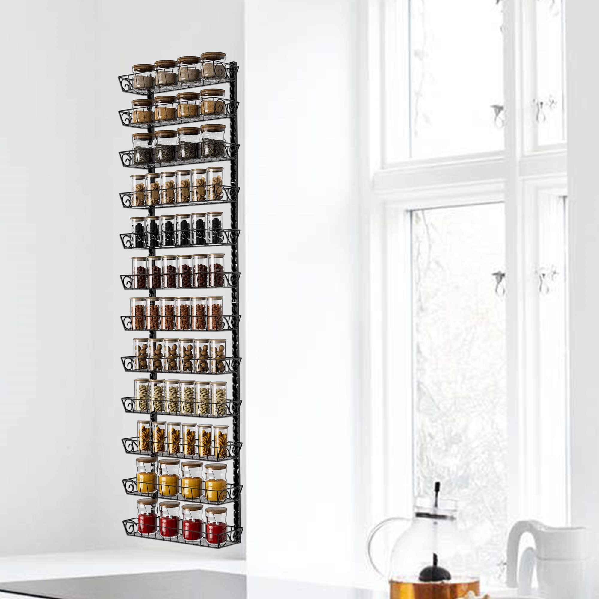 SWOMMOLY 12-Tier Adjustable Wall Mount Spice Rack Organizer, Black Alloy Steel, Model Rack101D, Multi-use Storage for Kitchen Pantry