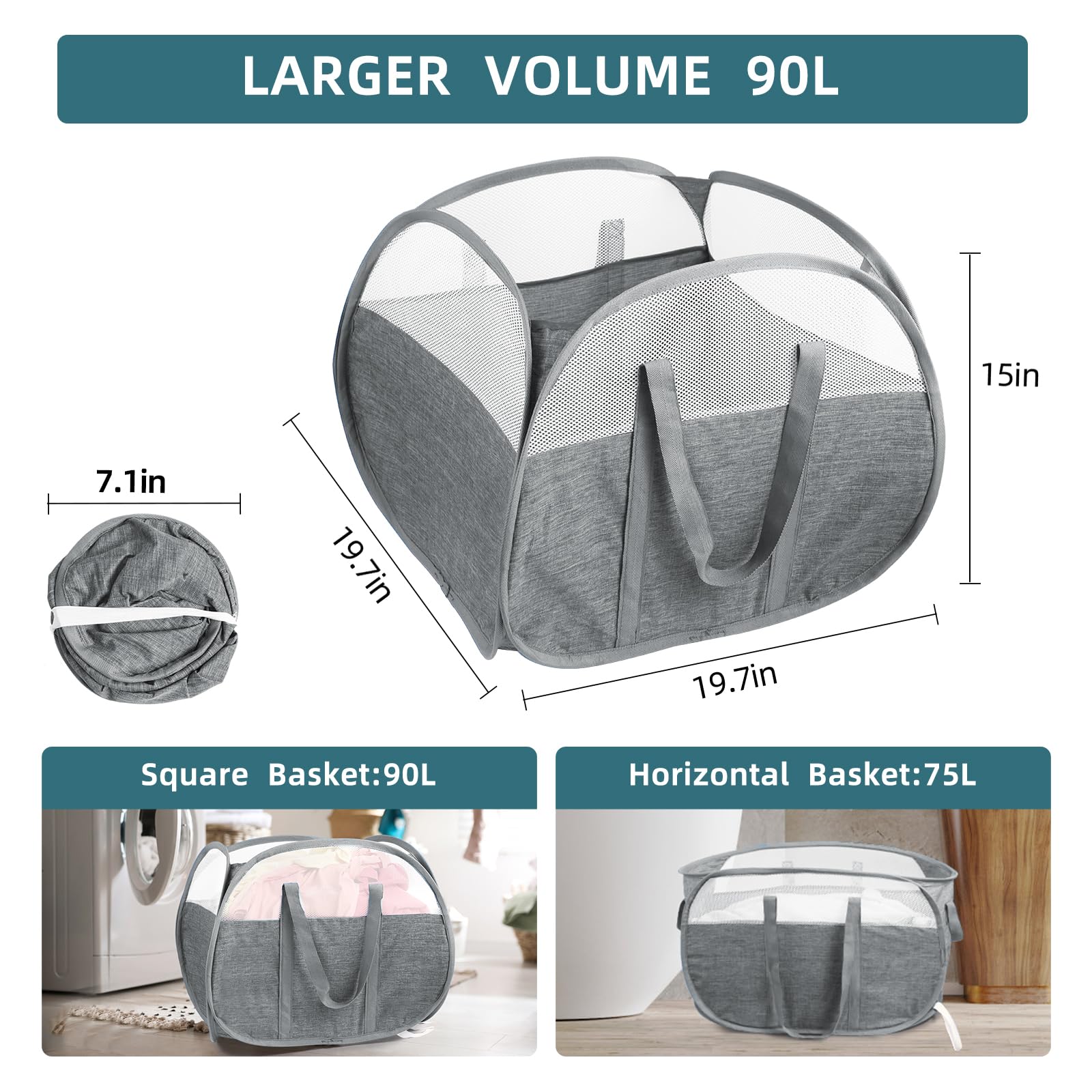 Collapsible Laundry Baskets, 90L Large Foldable Laundry Basket, Tear-Proof Pop Up Hampers For Laundry, Dirty Clothes Laundry Ham