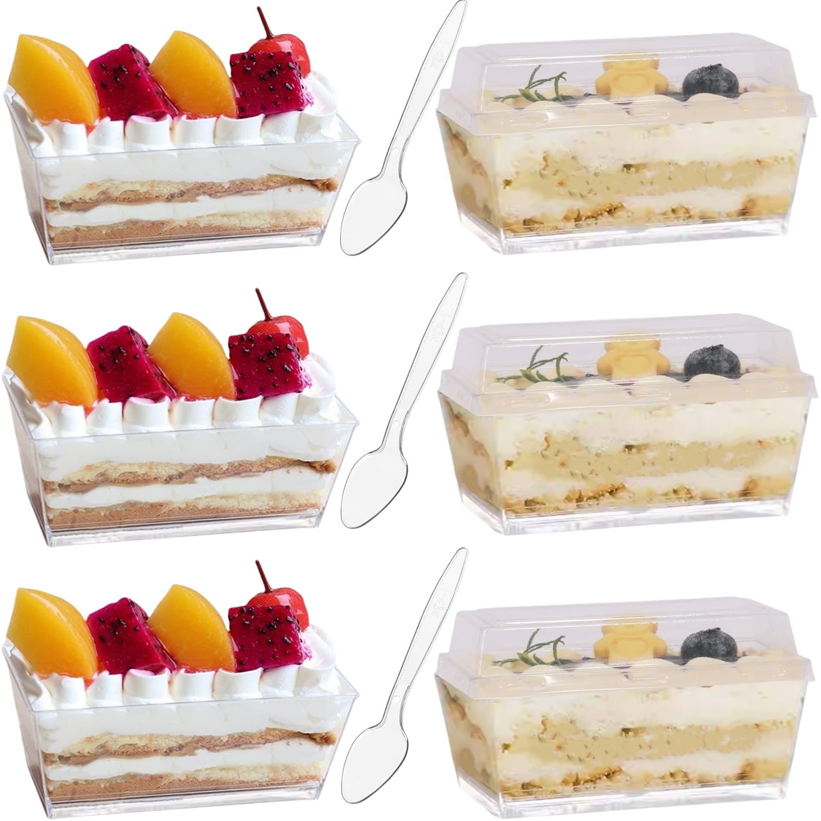 Wnqou 4.8oz/140ml Clear Dessert Cups with Lids and Spoons,50Pcs Reusable Plastic Rectangle Dessert Cups,Mini Serving Bowl for De