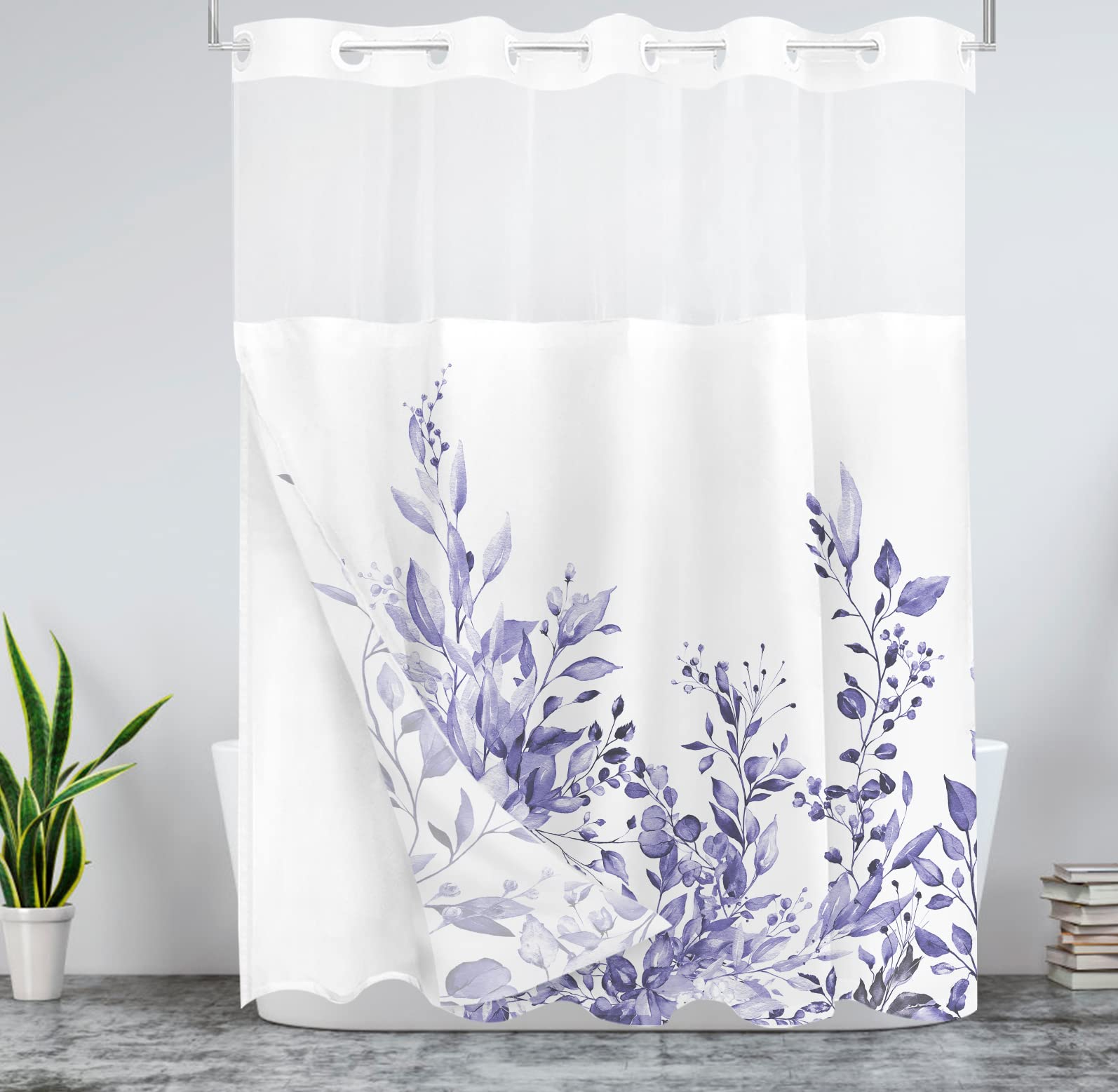 Tititex No Hooks Snap In Liner Very Peri Purple Eucalyptus Leaves Shower Curtain Sets, Hotel Luxury Double Layers Waterproof Fab