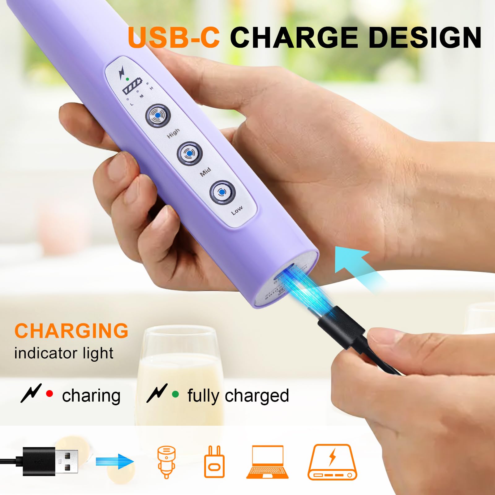YUSWKO Handheld Milk Frother for Coffee  Rechargeable Drink Mixer with 3 Heads 3 Speeds Electric Whisk Coffee Frother For Latte  Cappuccino  Hot Chocolate  Egg - Light Purple