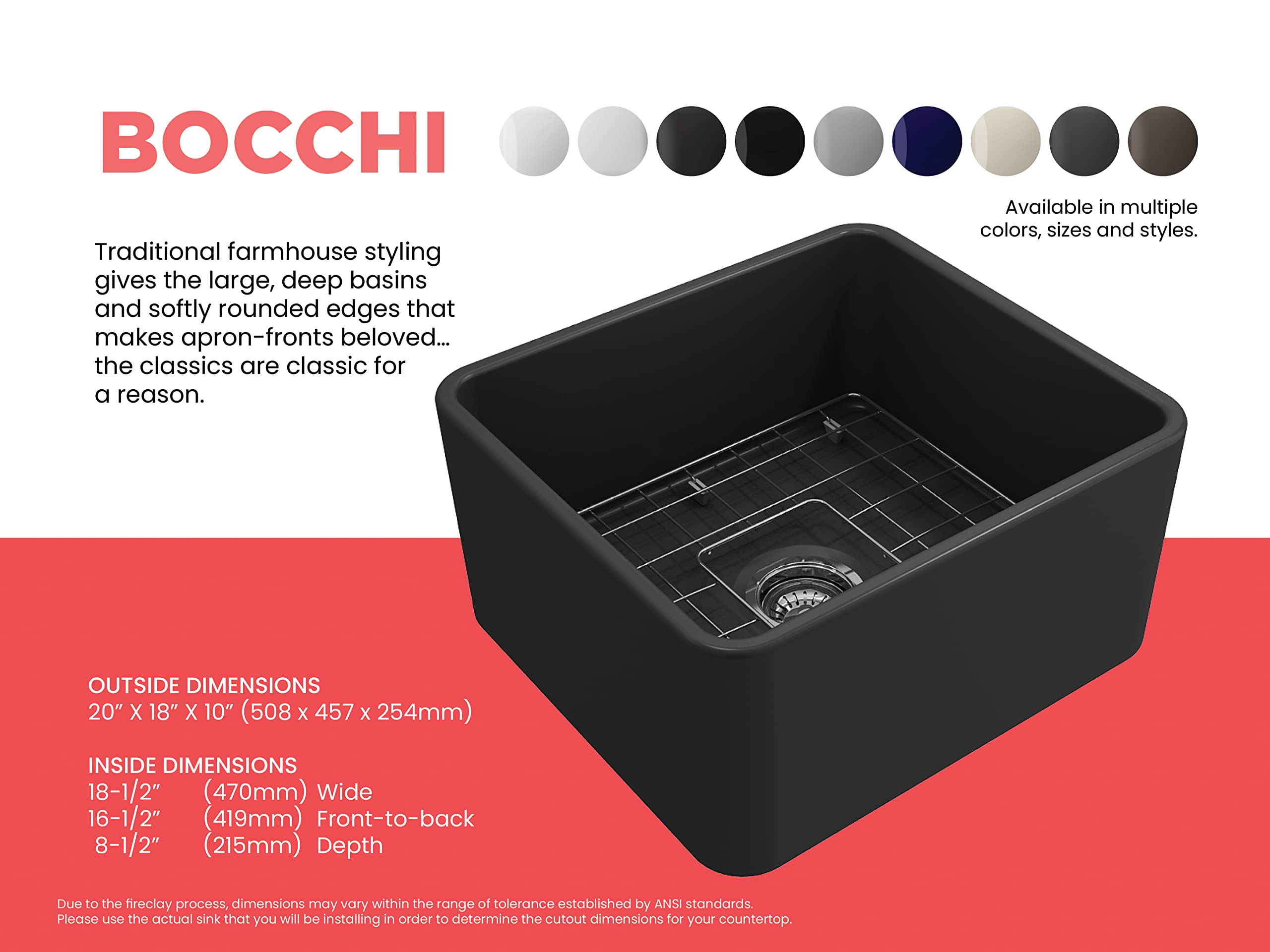 Bocchi Classico Farmhouse Apron Front Fireclay 20 In. Single Bowl Kitchen Sink With Protective Bottom Grid And Strainer In M.Dar