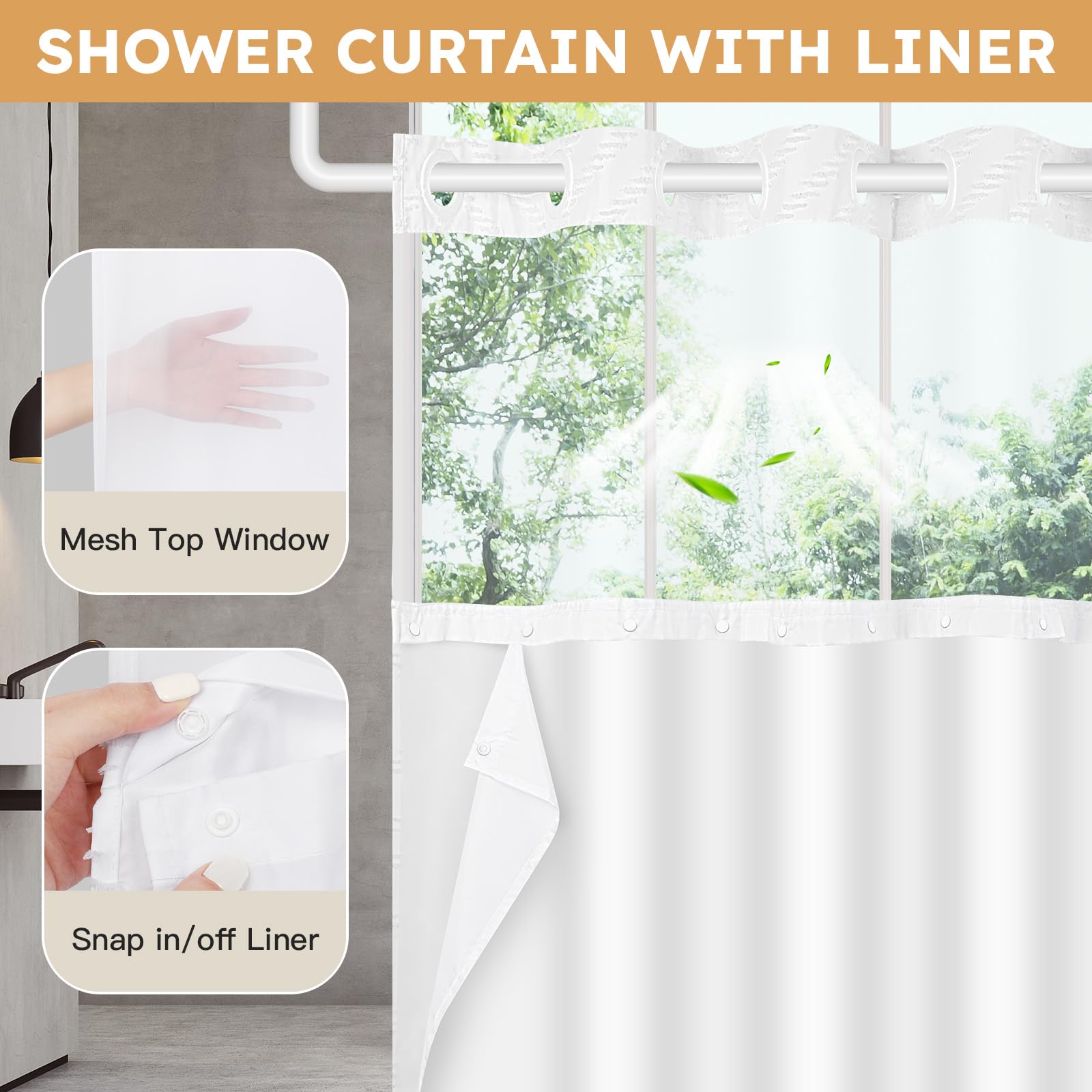 Fadoty No Hook Shower Curtain And Snap In Liner Set White Tufted Chevron Striped Cloth Waterproof Washable Fabric Boho Farmhouse