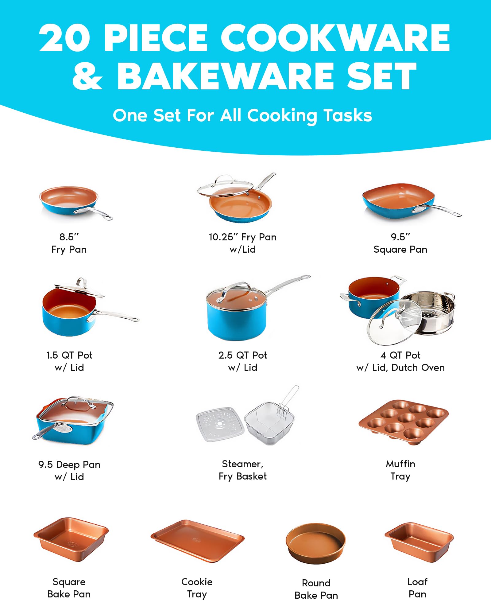 GOTHAM STEEL 20 Piece Copper Pots and Pans Set Nonstick Cookware Set + Complete Ceramic Bakeware Set for Kitchen with Long Lasti