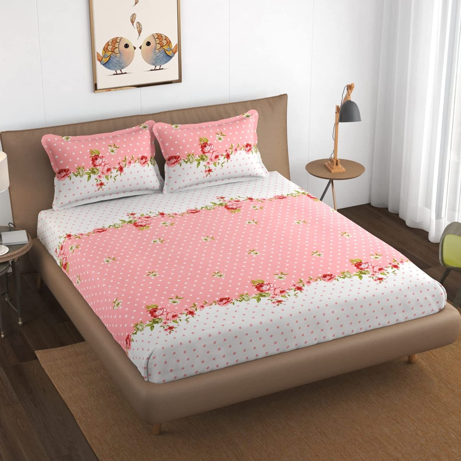 Spanglehomes 300 Tc 100% Soft Glace Cotton Elastic Fitted Single Bed Bedsheet With 1 Large Pillow Cover (36 X72X6 Inches, Pink C