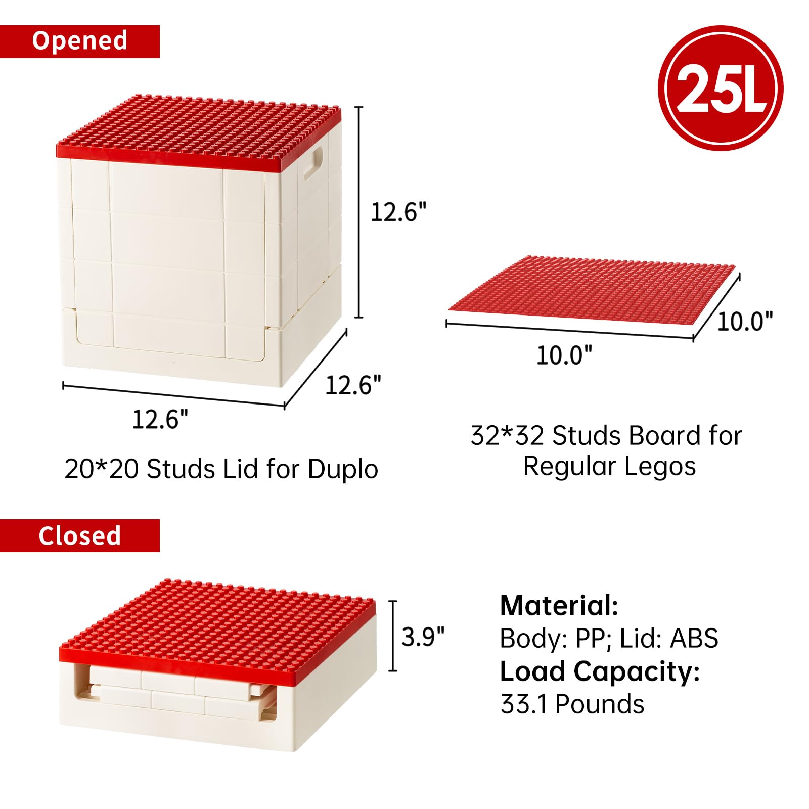 Shimoyama Collapsible Storage Box With Building Baseplate Lid For Duplo Blocks, 26 Qt. Stackable Bricks Storage Bins For Mega Bl