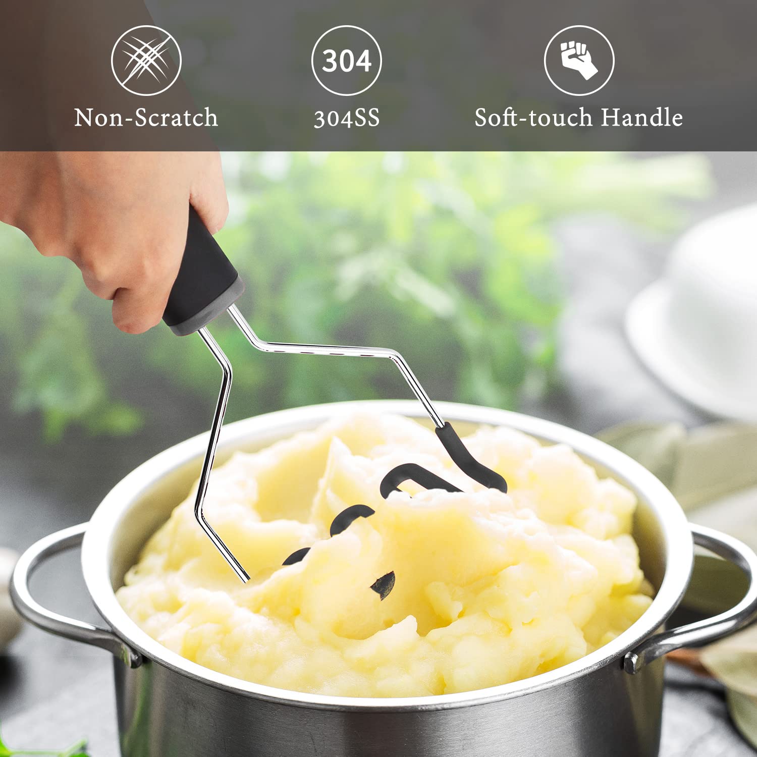 Kitchendao Non-Scratch Potato Masher, Heavy Duty 18/8 Stainless Steel Wrapped In Premium Silicone, Soft Touch Handle, Versatile