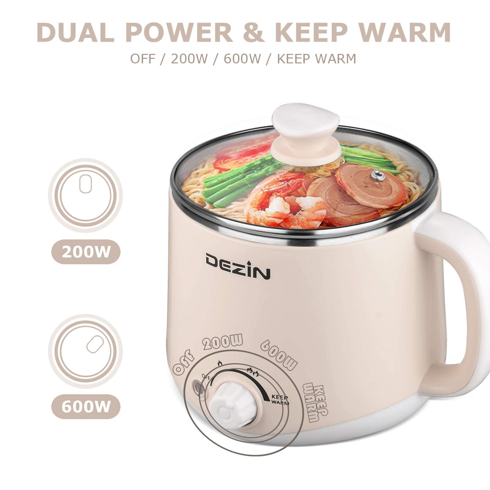DEZIN Electric Pot, 1.6L Stainless Steel Ramen Cooker with Temperature Control, Beige, Model GLH-830