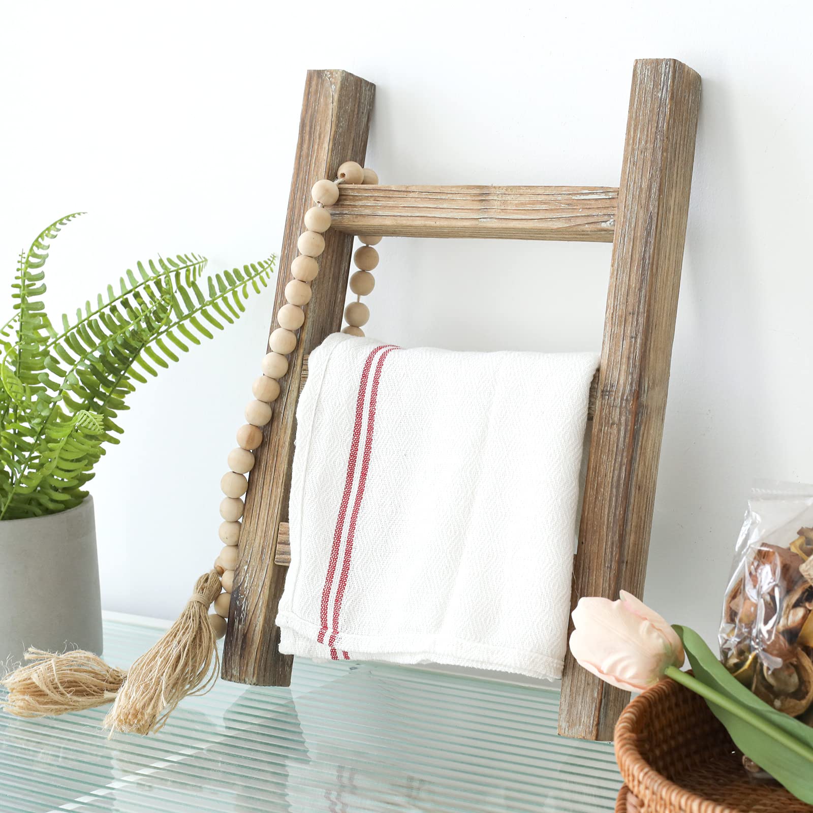 Fuin Wooden Tea Towel Ladder, Mini Ladder Towel Rack Display Hanger, Small Rustic Farmhouse Tea Towel Stand Holder For Country B