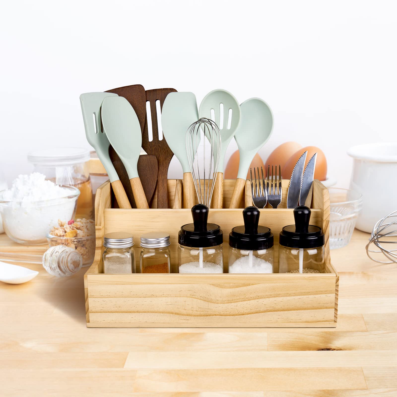 Redcall Utensil Holder,Wood Cooking Utensil Organizer,Large Farmhouse Utensil Holder For Counter Top,Rustic Spoon Spatula Holder