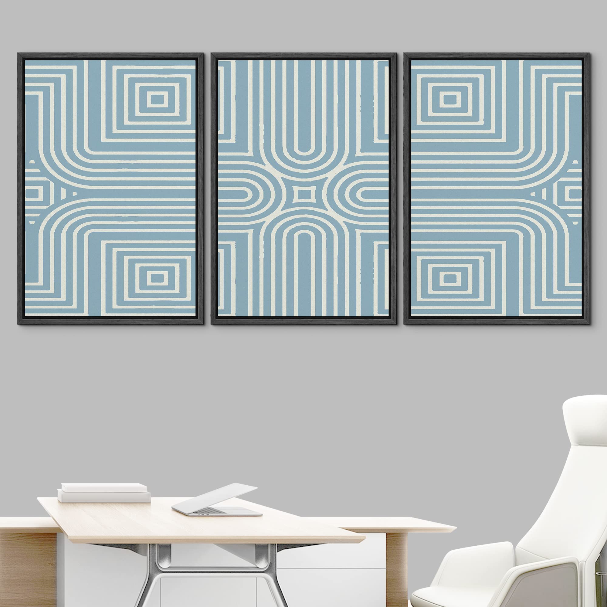 Idea4Wall Framed Wall Art Print Set Blue & White Tribal Line Pattern Geometric Shapes Illustrations Modern Art Bohemian Colorful