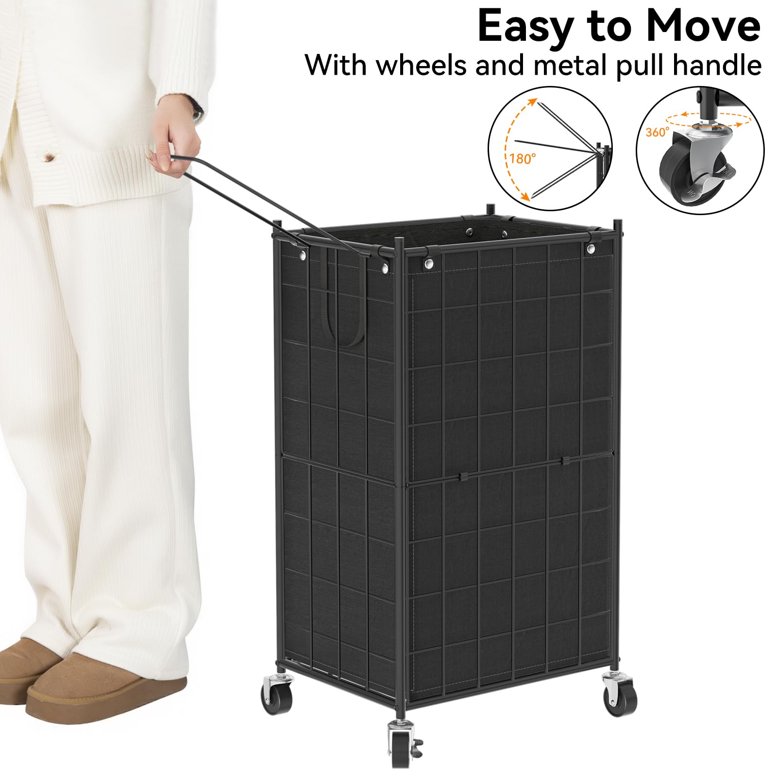 Wowlive Laundry Hamper With Wheels,Metal Wire Frame Rolling Laundry Basket With Removable Bag,100L Dirty Clothes Hamper Organize