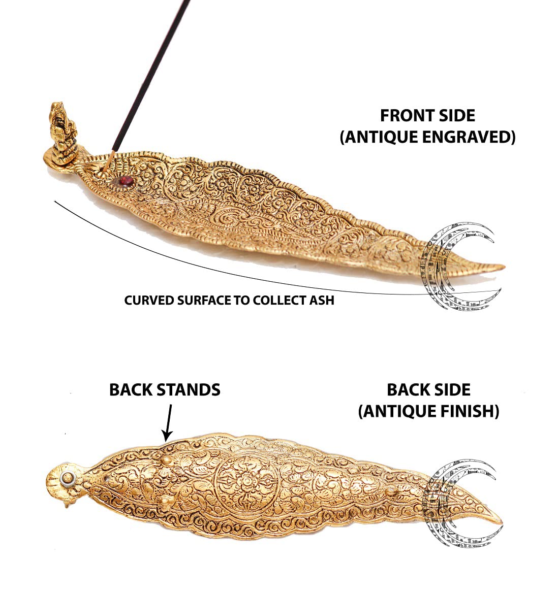 Crafticia Aluminum Incense Holder & Ash Catcher Agarbatti Stand Featuring Ganesh Figurine (9x2 inch) (Gold Holder, 10)