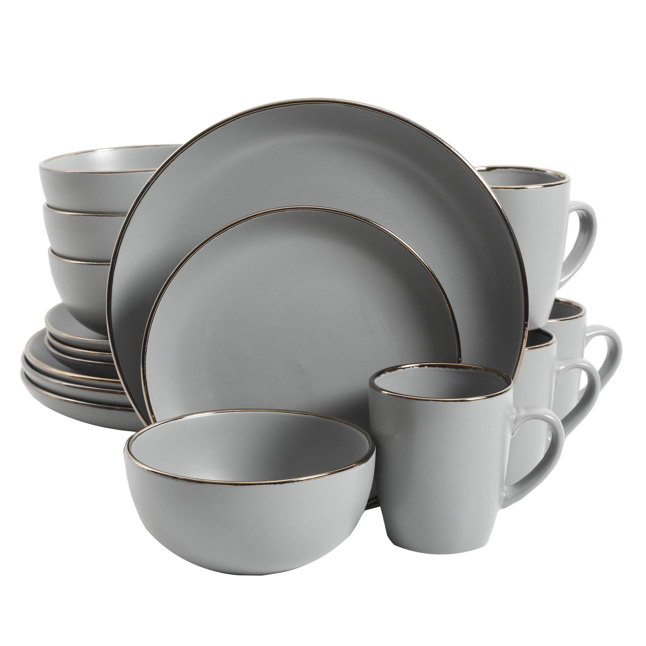 Gibson Home Rockaway Round Dinnerware, Service for 4 (16pcs), Grey/Gold Rim