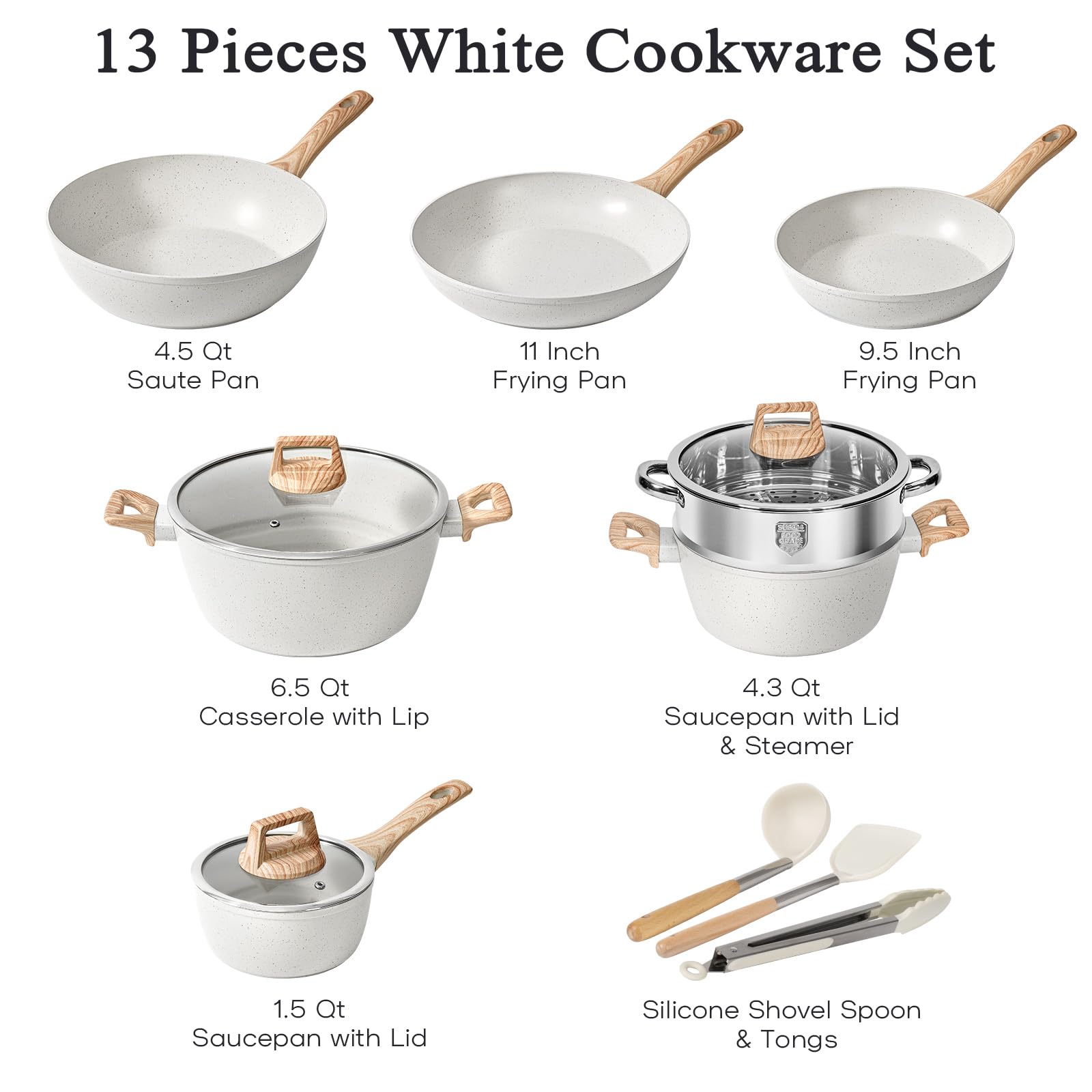 SODAY Pots and Pans Set Non Stick, 13 Pcs Kitchen Cookware Sets White Granite Nonstick Cooking Set with Frying Pans, Saucepans,