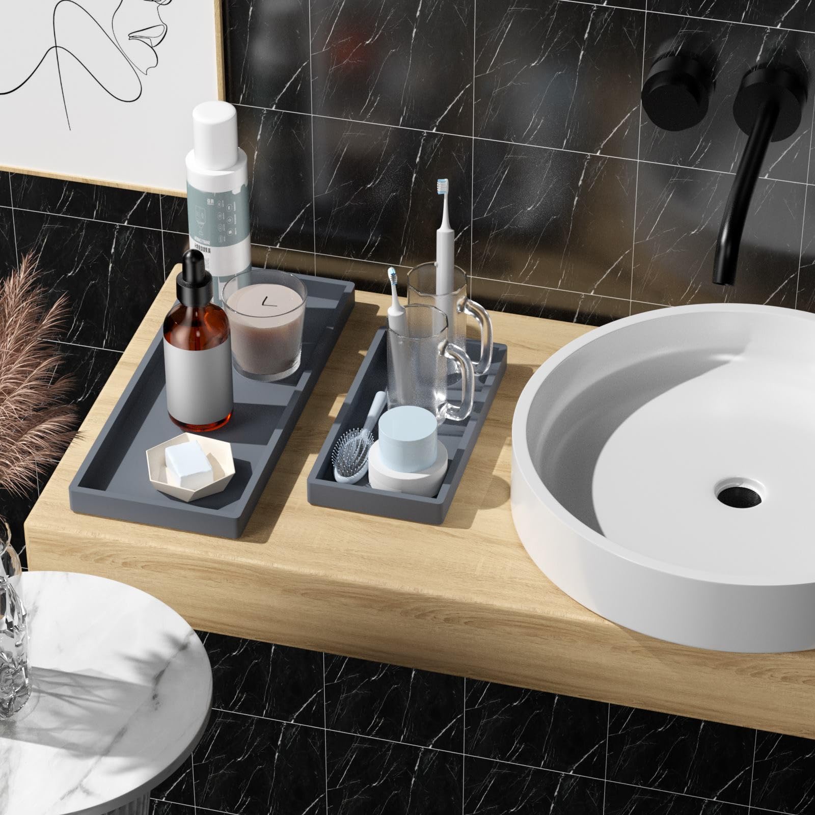 Bbk Bathroom Vanity Tray- 2 Pack (7.8'' And 11.8'') Silicone Bathroom Tray For Counter, Perfume Key Trinket Ring Tray, Decor Soa