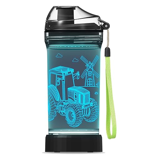 Lightzz Kids Water Bottle with 3D Glowing Tractor LED Light - Tritan BPA Free - Creative Ideal Travel Cup MTZ Gift for Back to School Girl Boy Child Holiday Camping Picnic (Tractor 14 Oz)