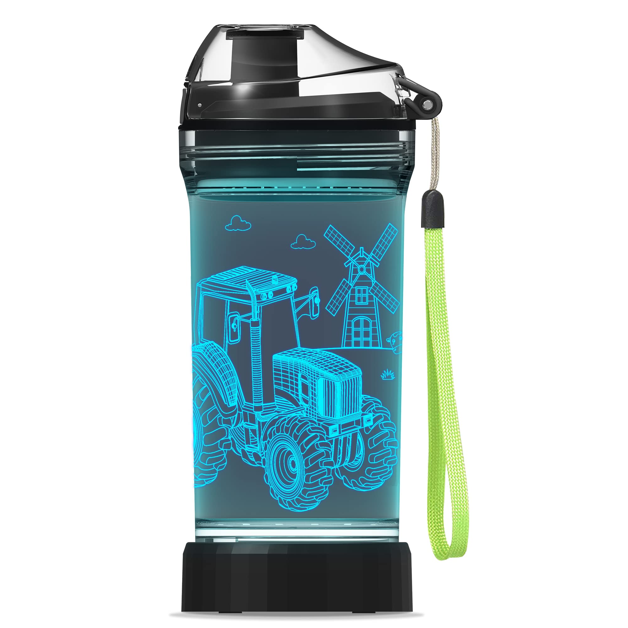 Lightzz Kids Water Bottle With 3D Glowing Tractor Led Light - Tritan Bpa Free - Creative Ideal Travel Cup Mtz Gift For Back To S